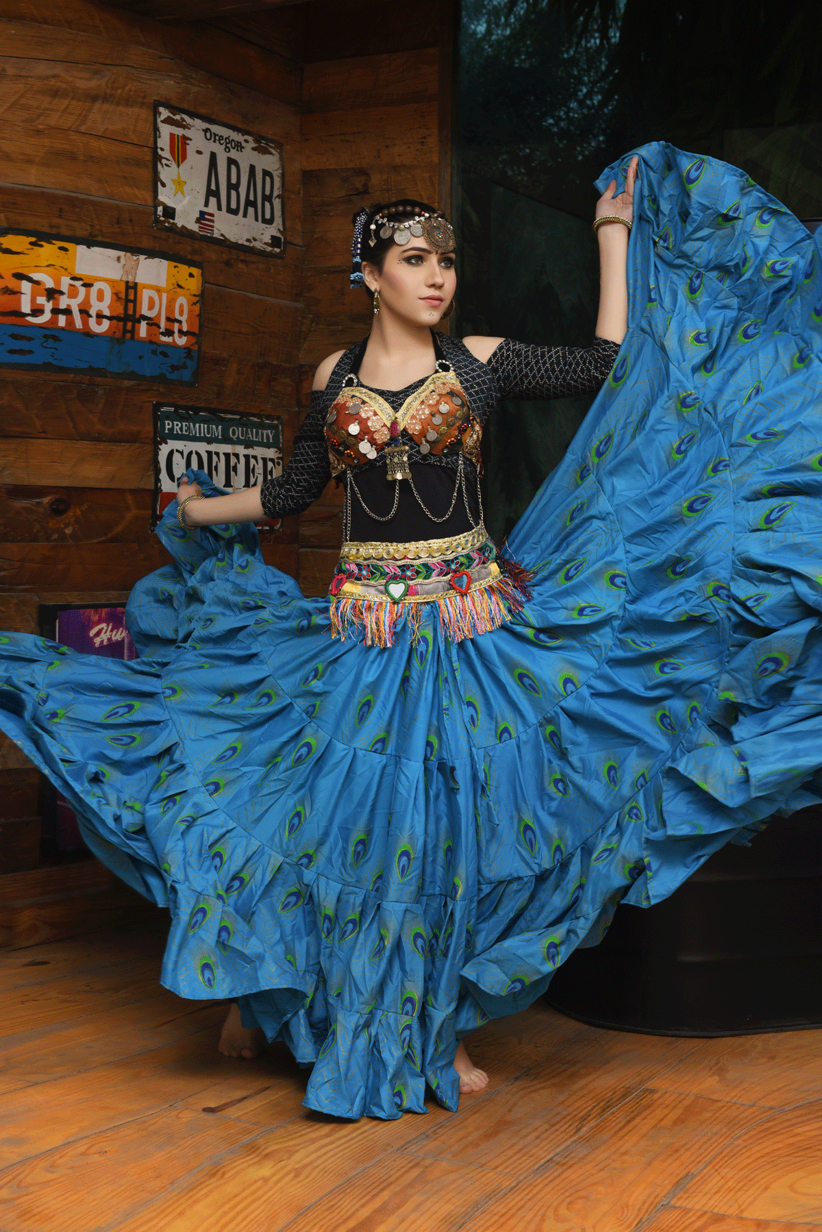 Block print peacock skirt turqouise WLS