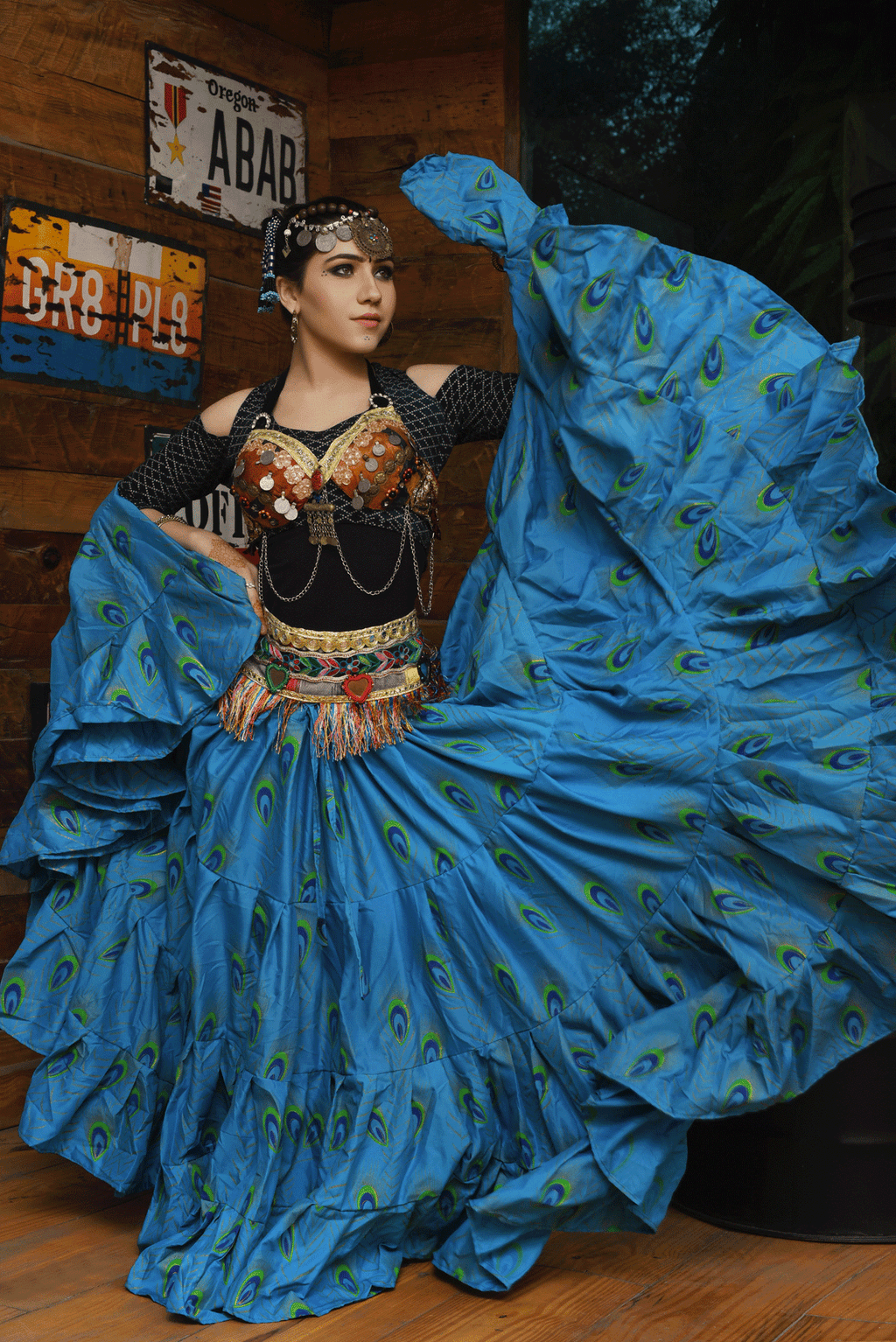 Block print peacock skirt turqouise WLS