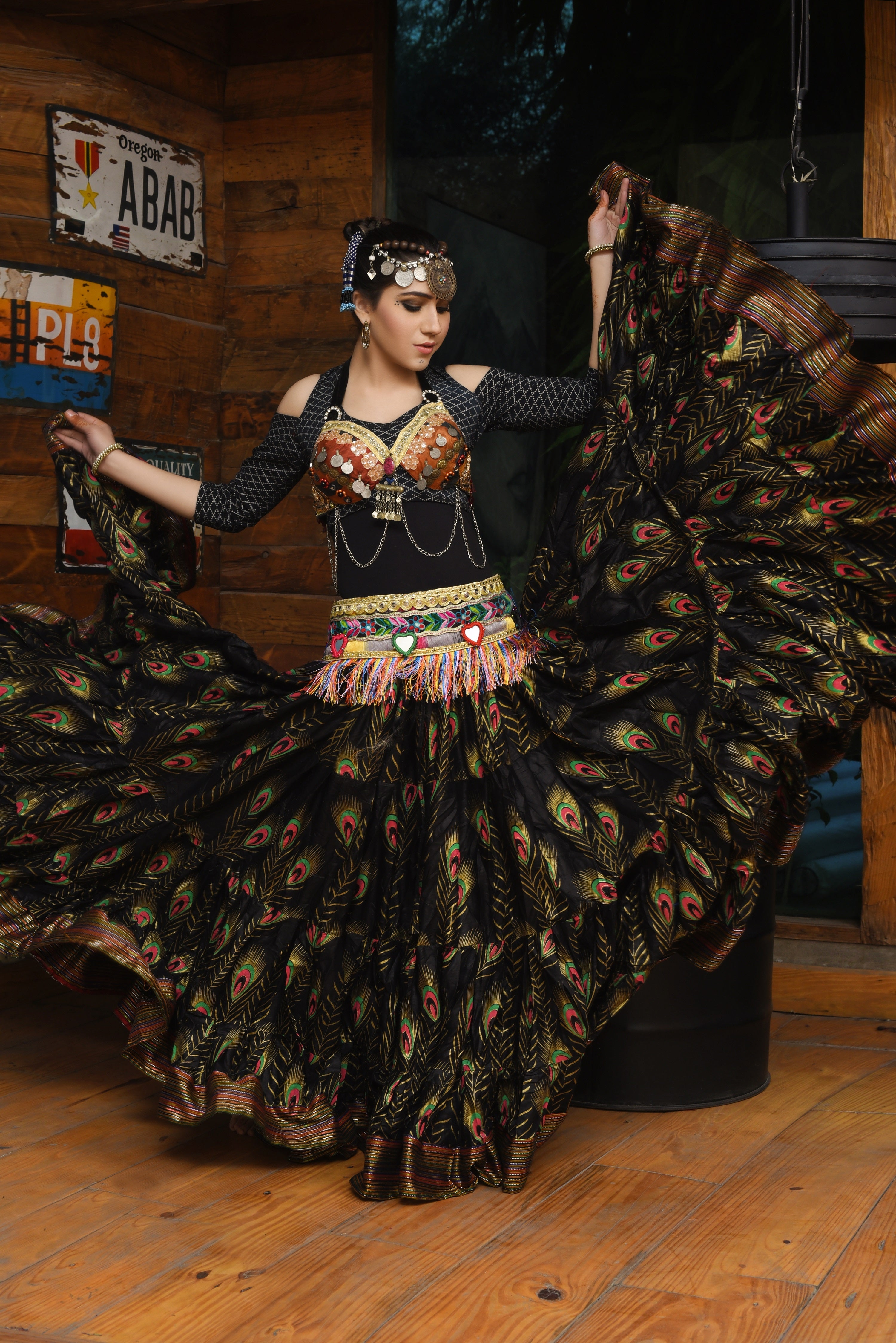 Block print Peacock skirt black with padma border WLS