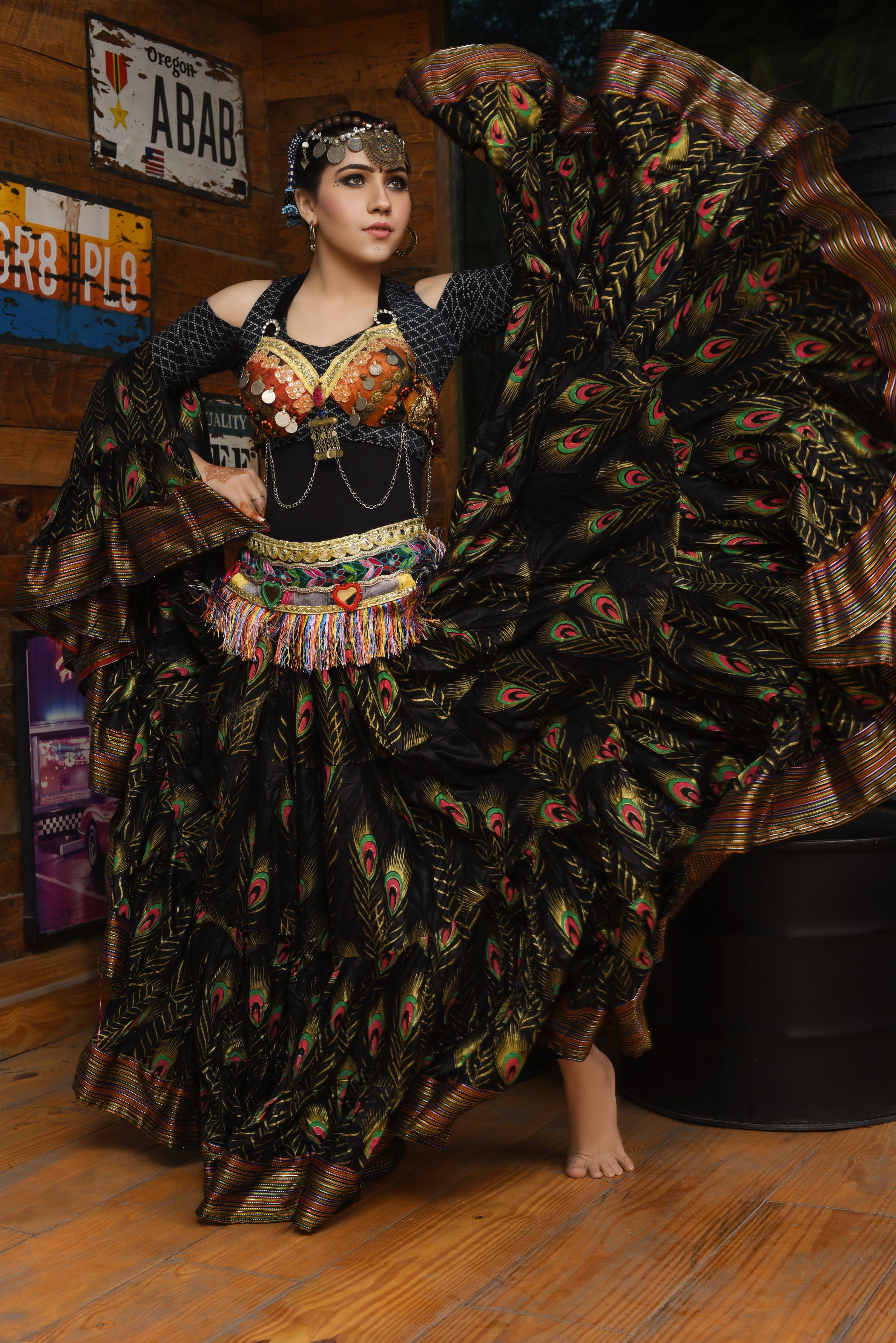 Block print Peacock skirt black with padma border