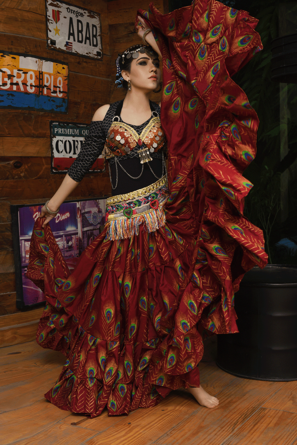 Block print peacock skirt burgundy WLS