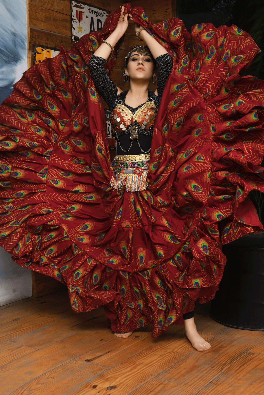 Block print peacock skirt burgundy WLS