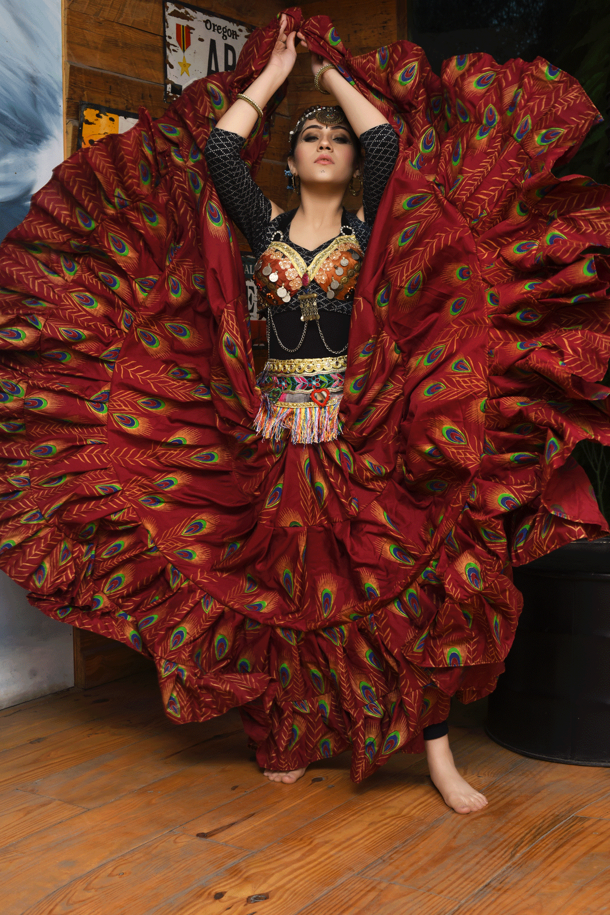 Block print peacock skirt burgundy WLS