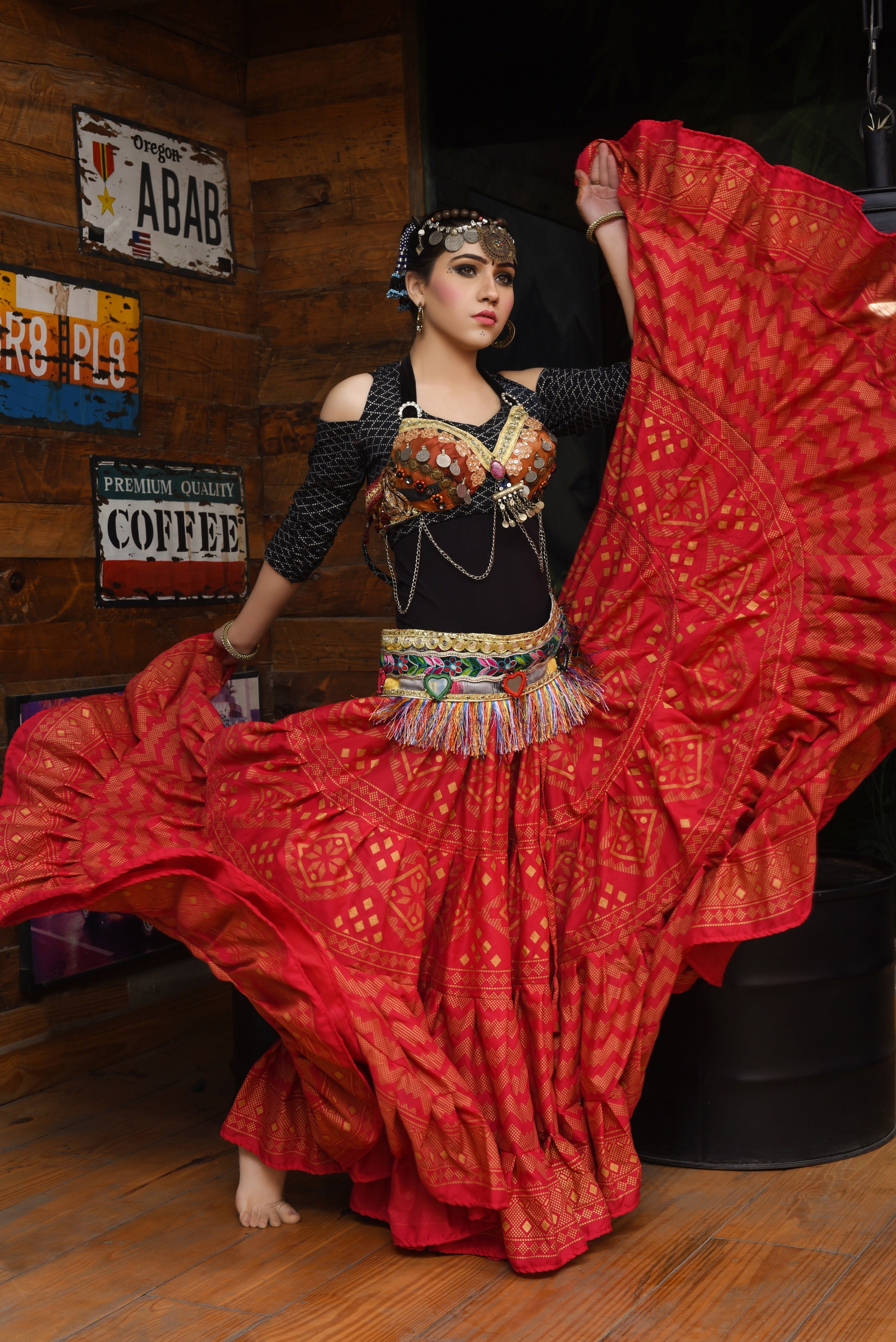 Block print Assuit pattern skirt red/gold polyester