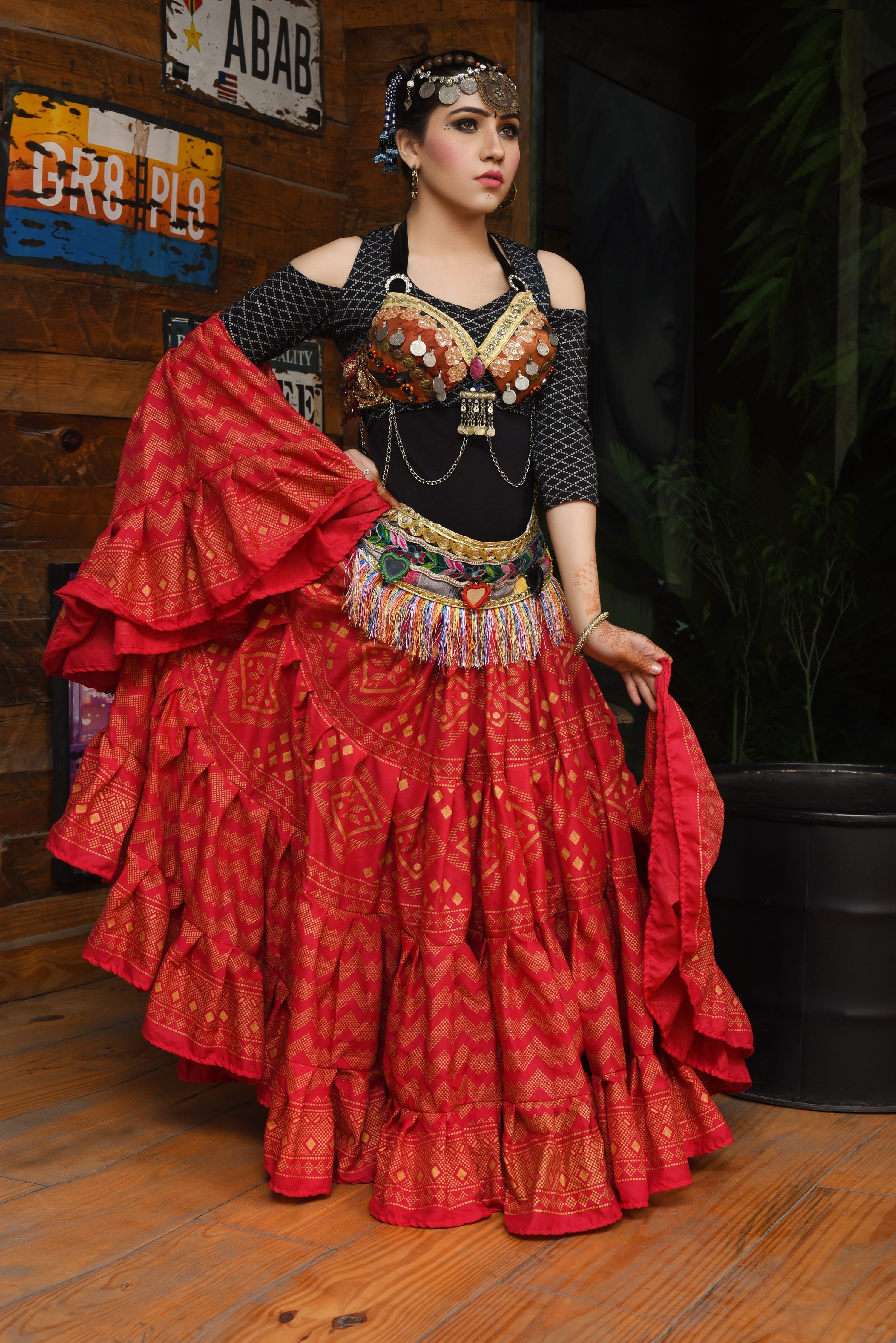 Block print Assuit pattern skirt red/gold polyester WLS
