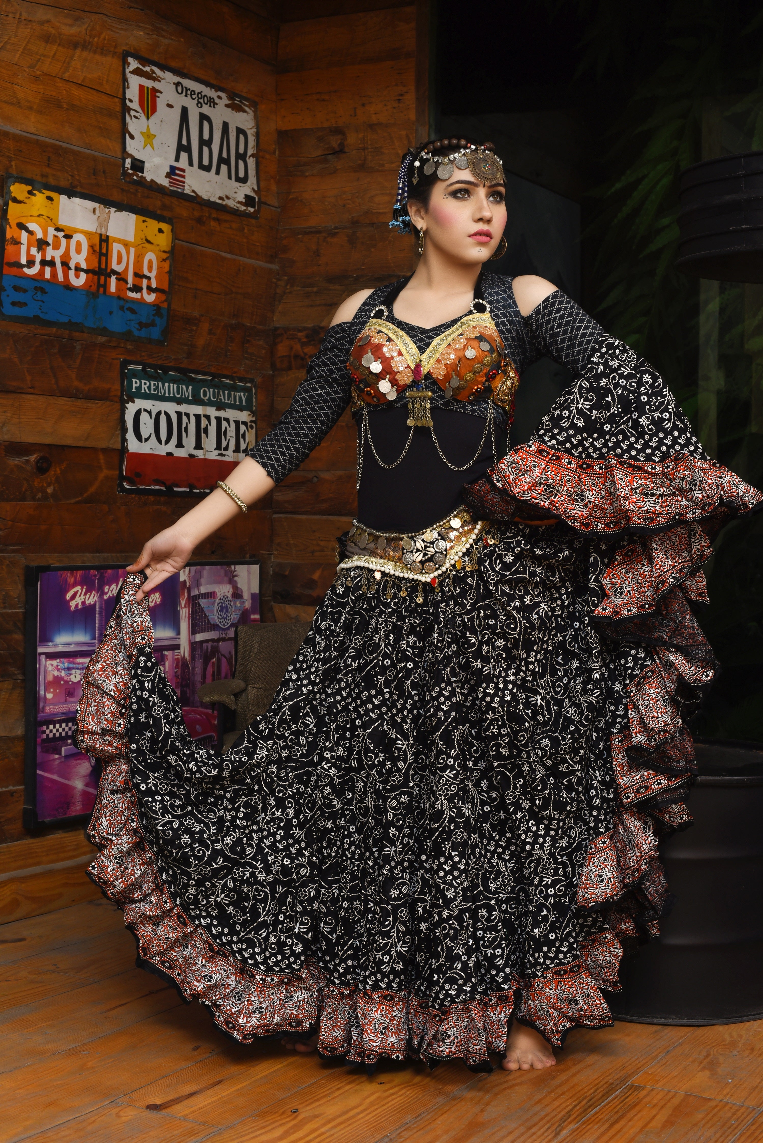 Jodha Maharani Skirt Black with orange border