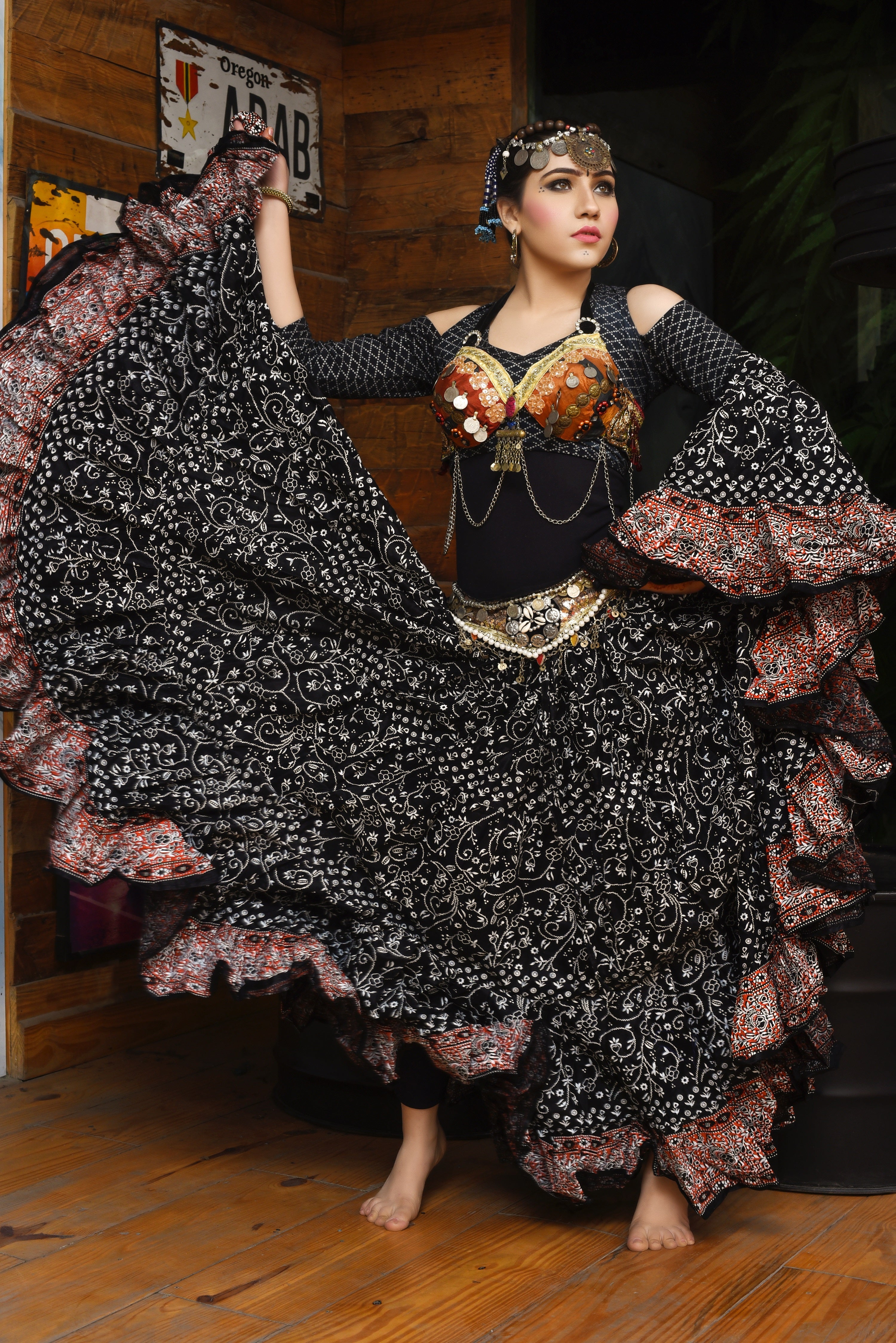 Jodha Maharani Skirt Black with orange border