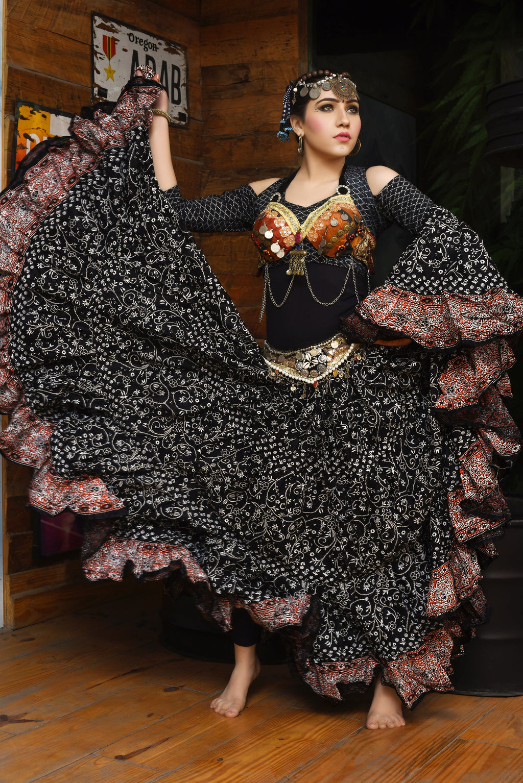 Jodha Maharani Skirt Black with orange border WLS
