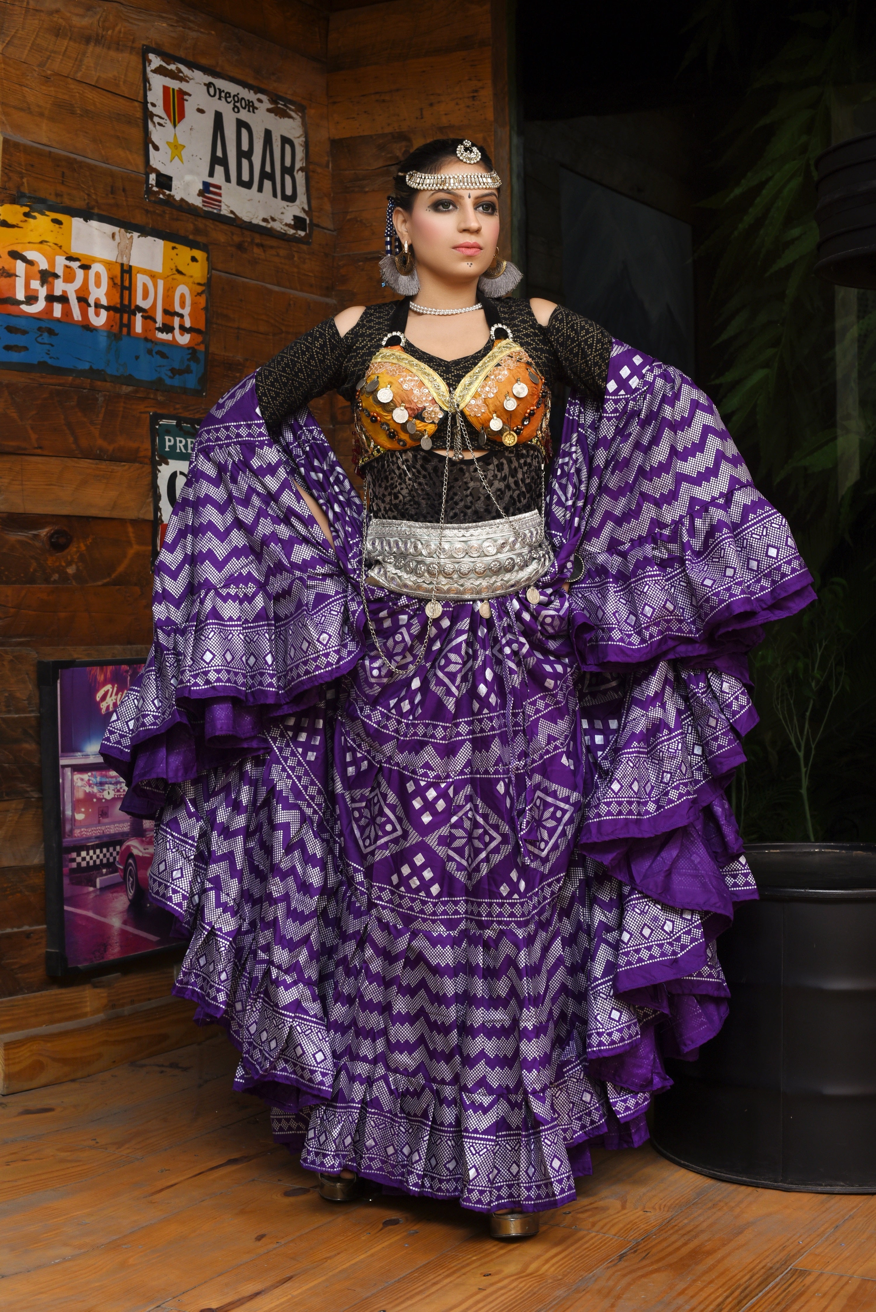 Block print assuit skirt purple/silver in polyester WLS