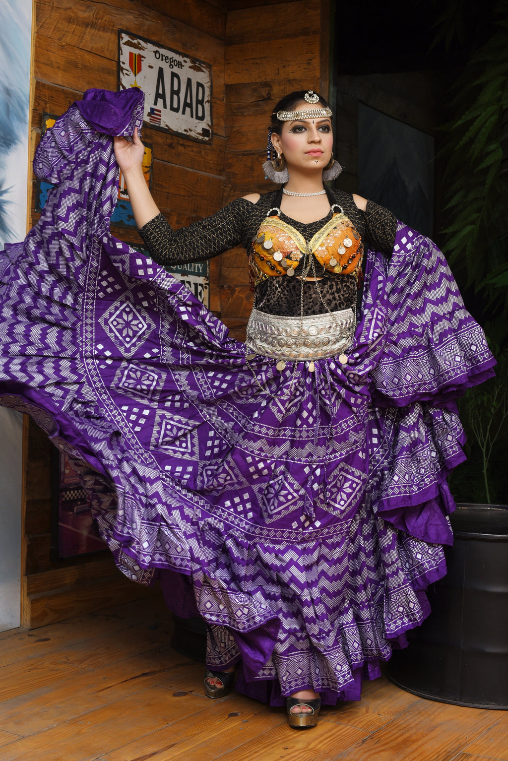 Block print assuit skirt purple/silver in polyester WLS