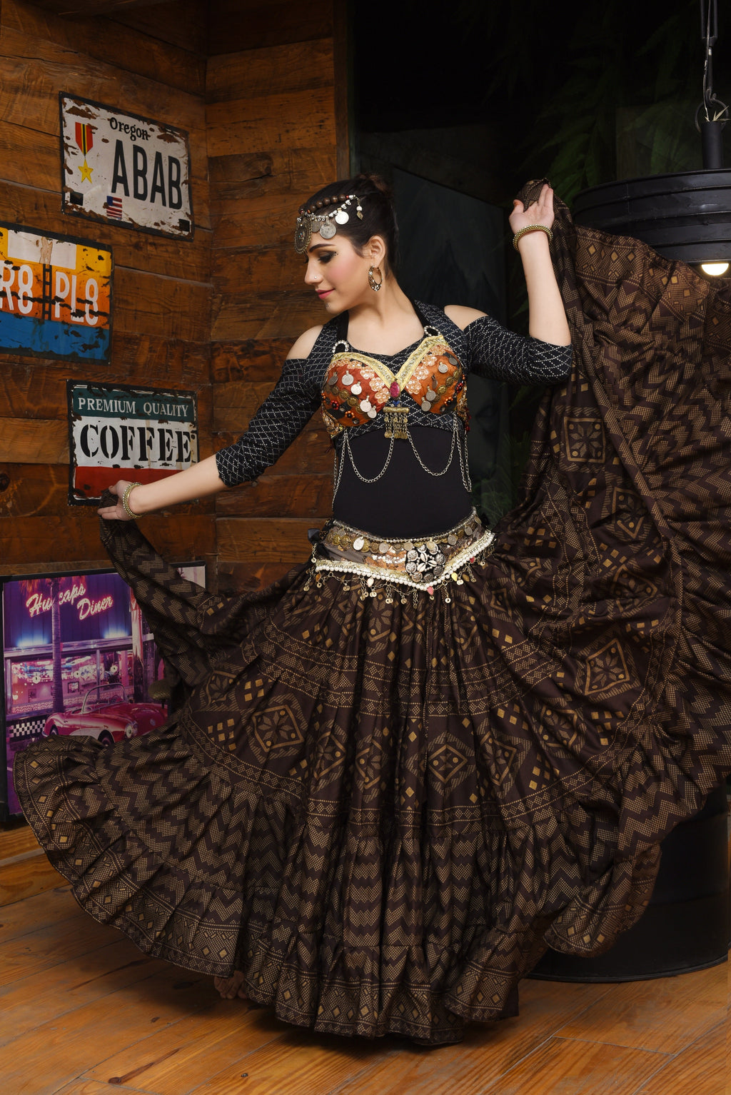 Block print assuit skirt brown/gold in polyester WLS