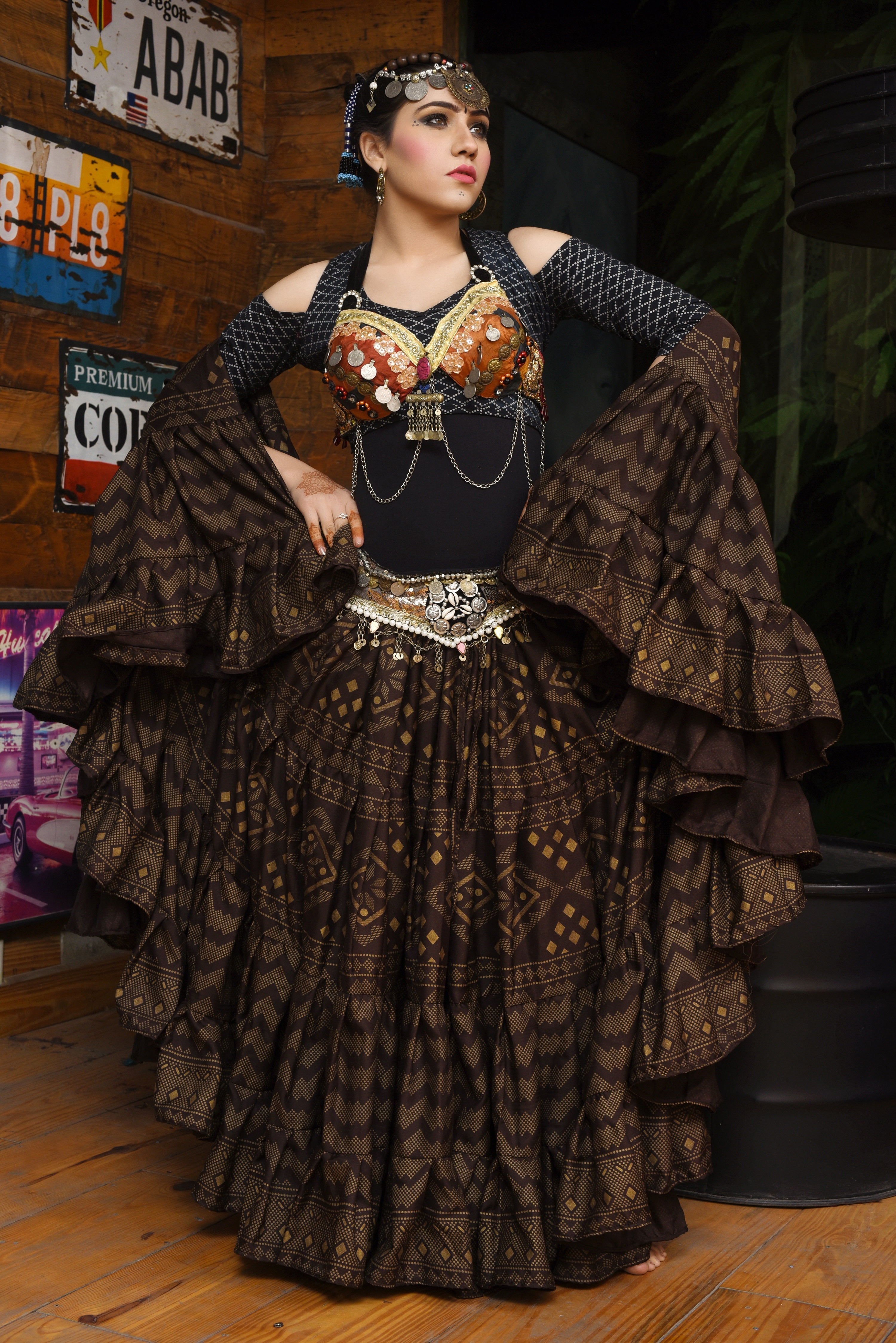 Block print assuit skirt brown/gold in polyester