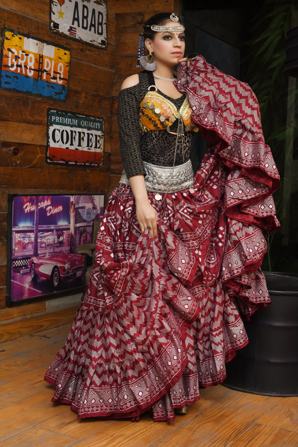 Block print assuit skirt burgundy/silver in polyester WLS