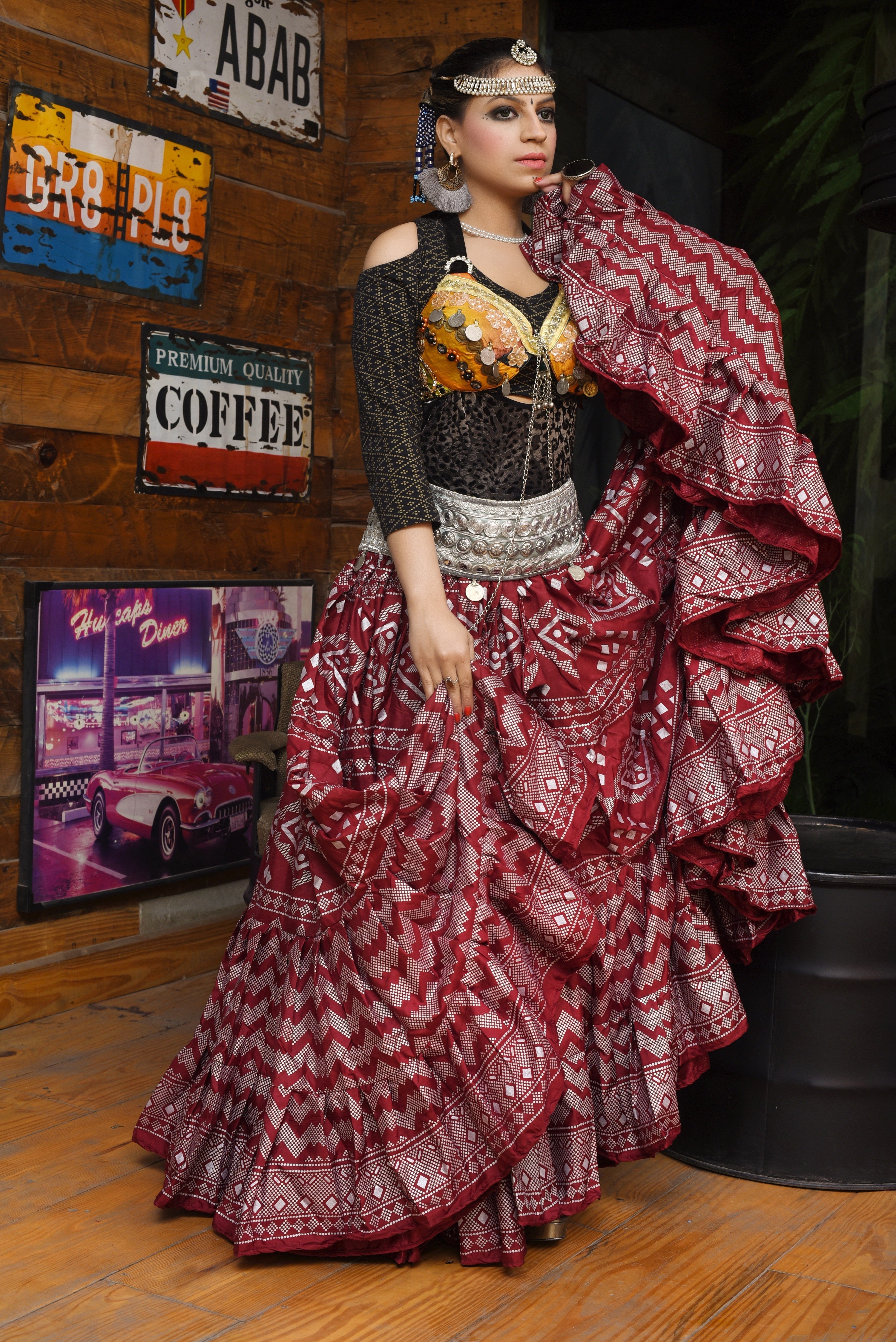 Block print assuit skirt burgundy/silver in polyester WLS