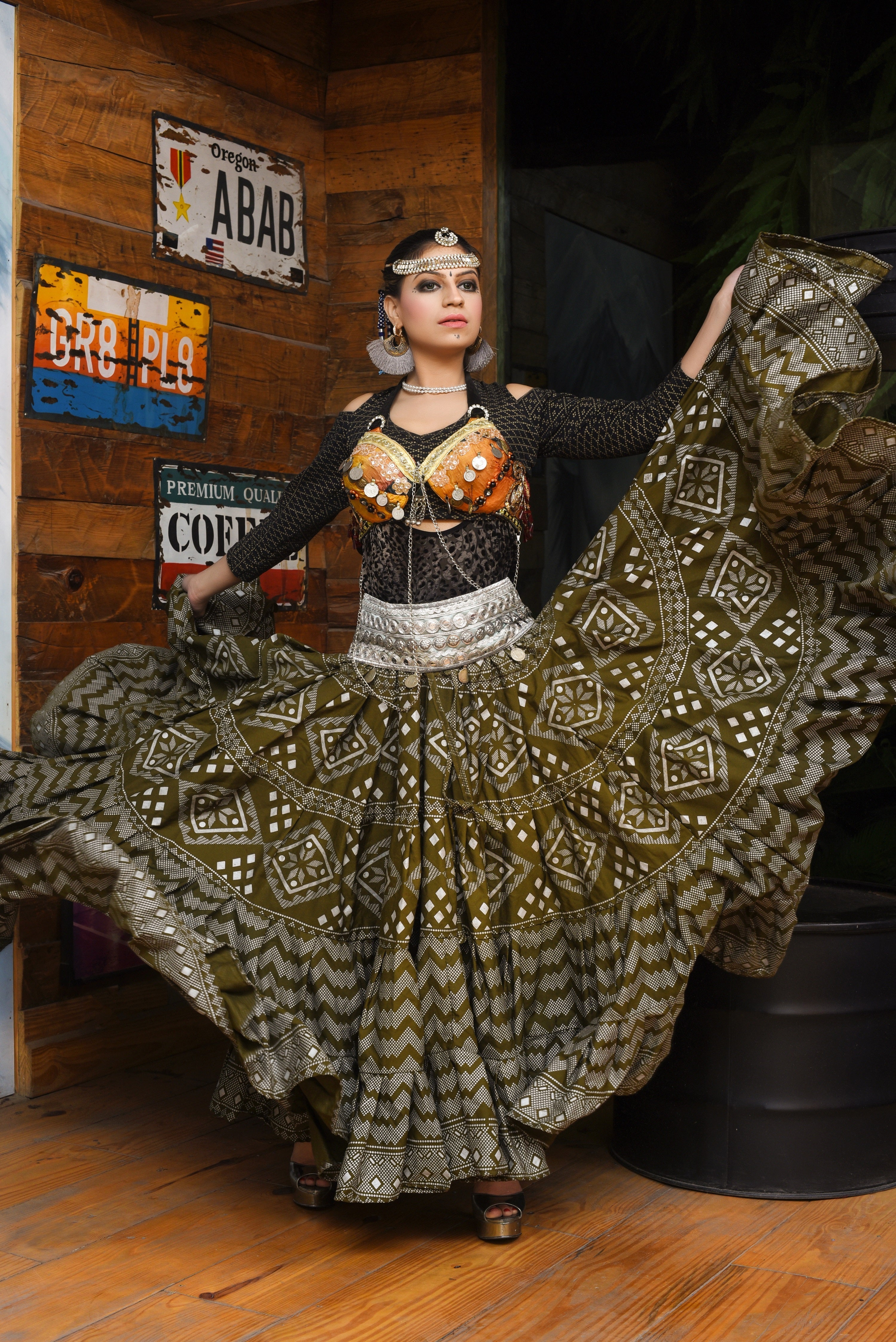 Block print assuit skirt olive/silver in polyester WLS