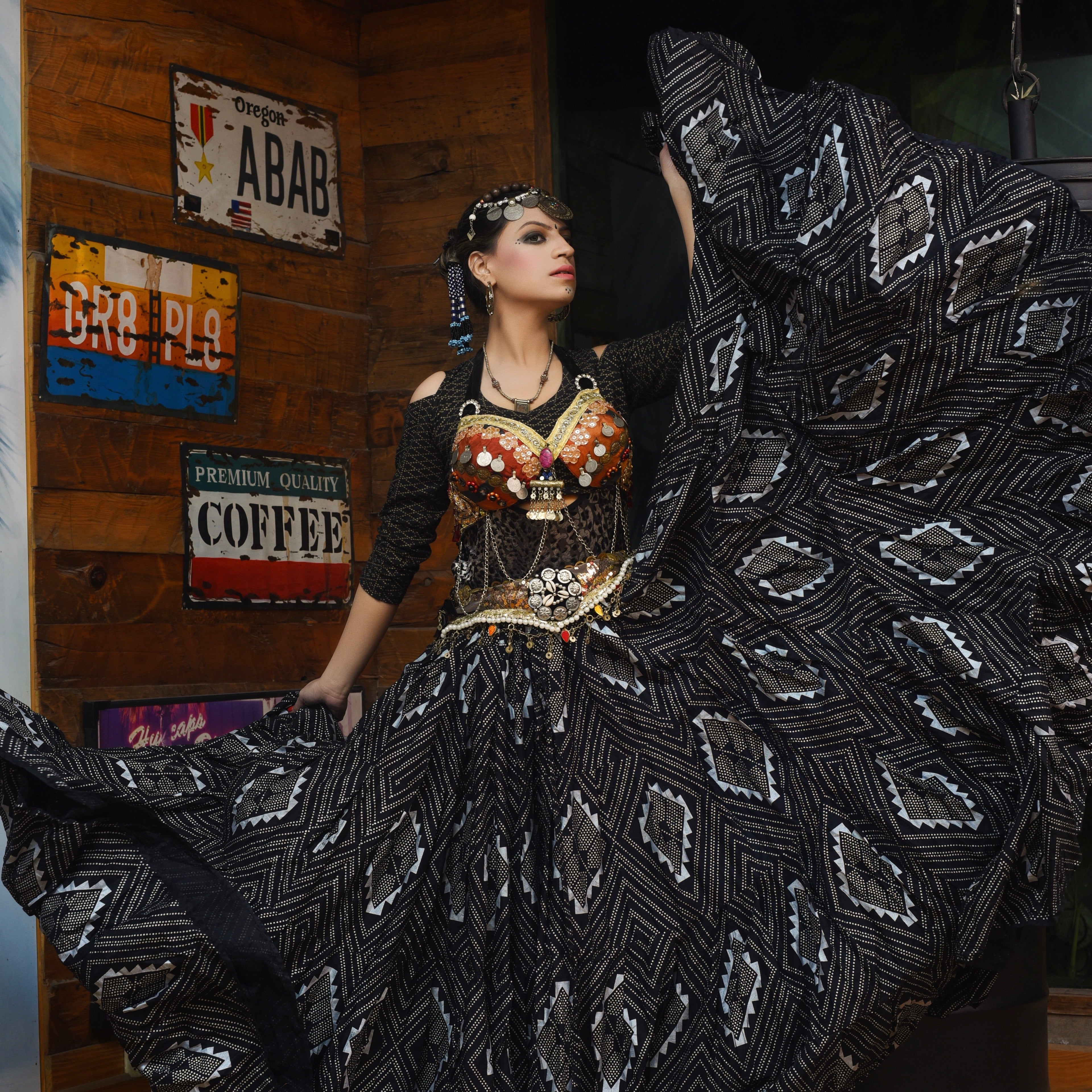 Block print Assuit pattern skirt black/silver Design#4 WLS