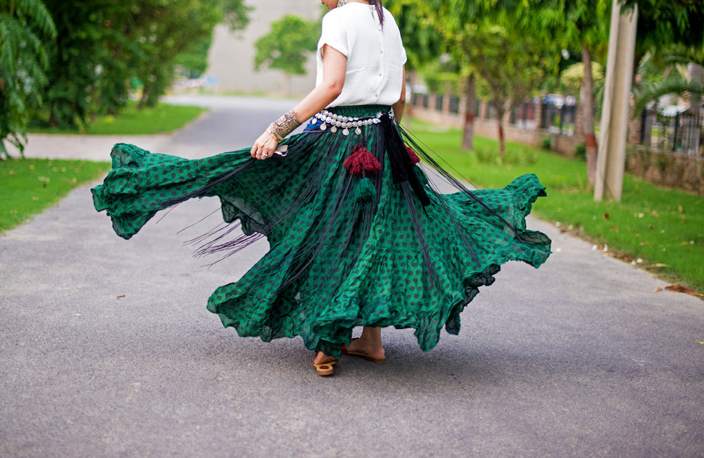 Polka Dot  Block Print Skirt Green/Black