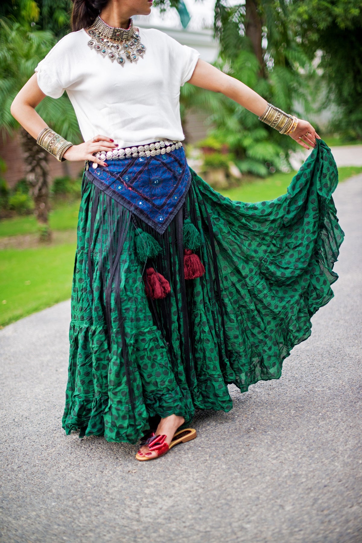 Polka Dot  Block Print Skirt Green/Black