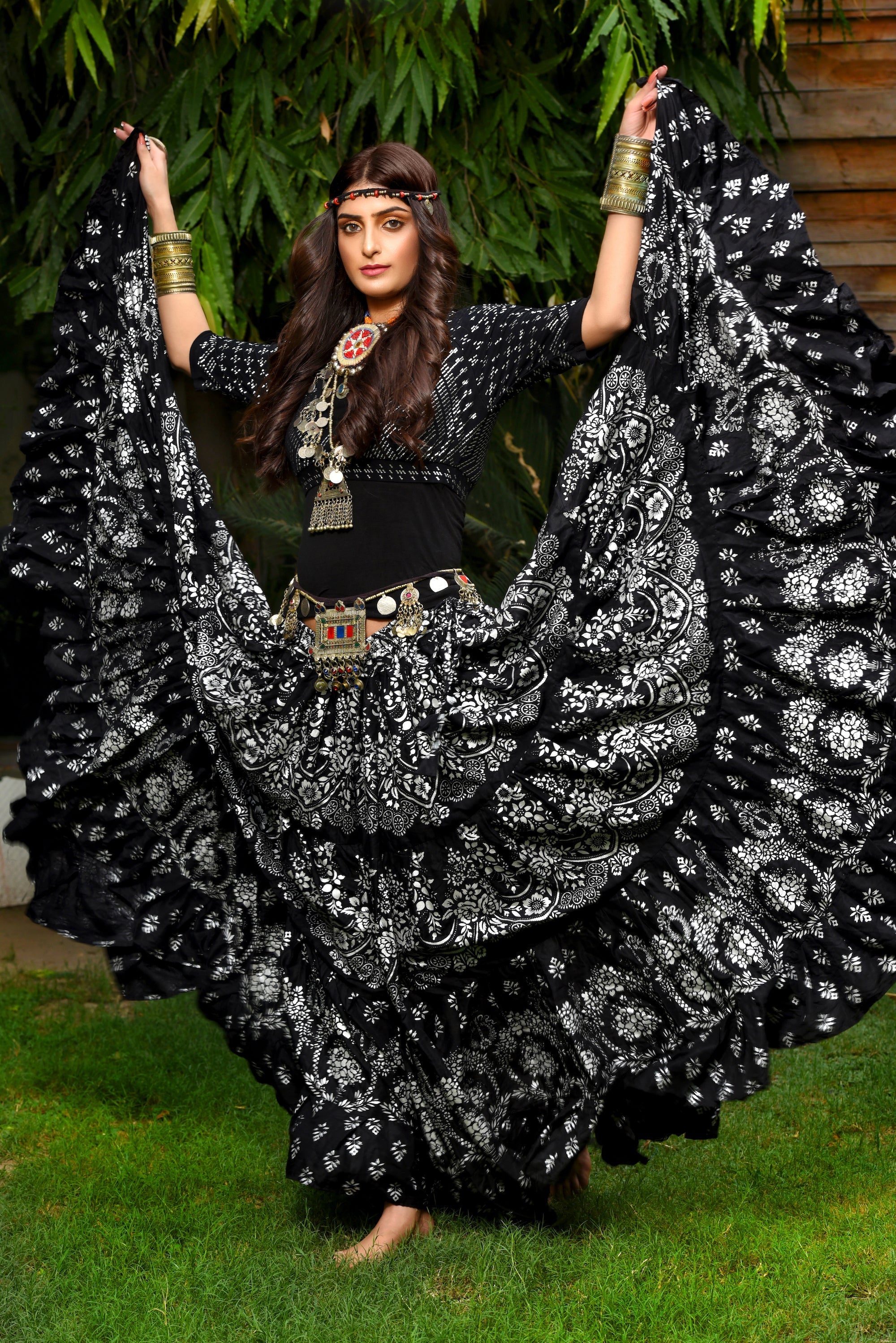 Block print Assuit pattern skirt Oriental Border Black/White WLS