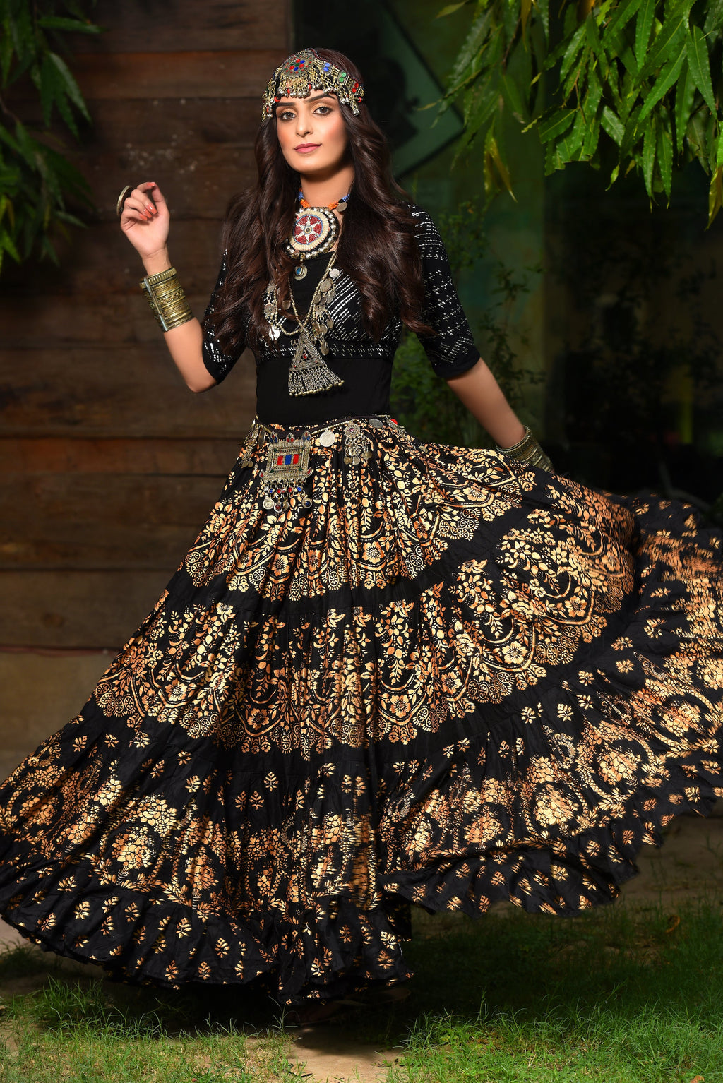 Block print skirt Oriental Border Black/Gold