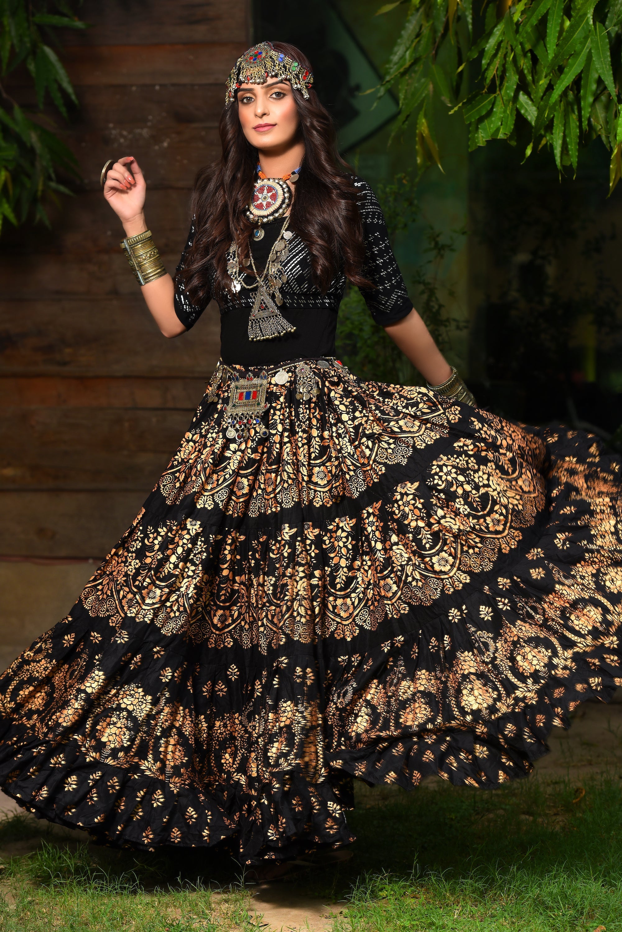 Block print Assuit pattern skirt Oriental Border Black/Gold WLS