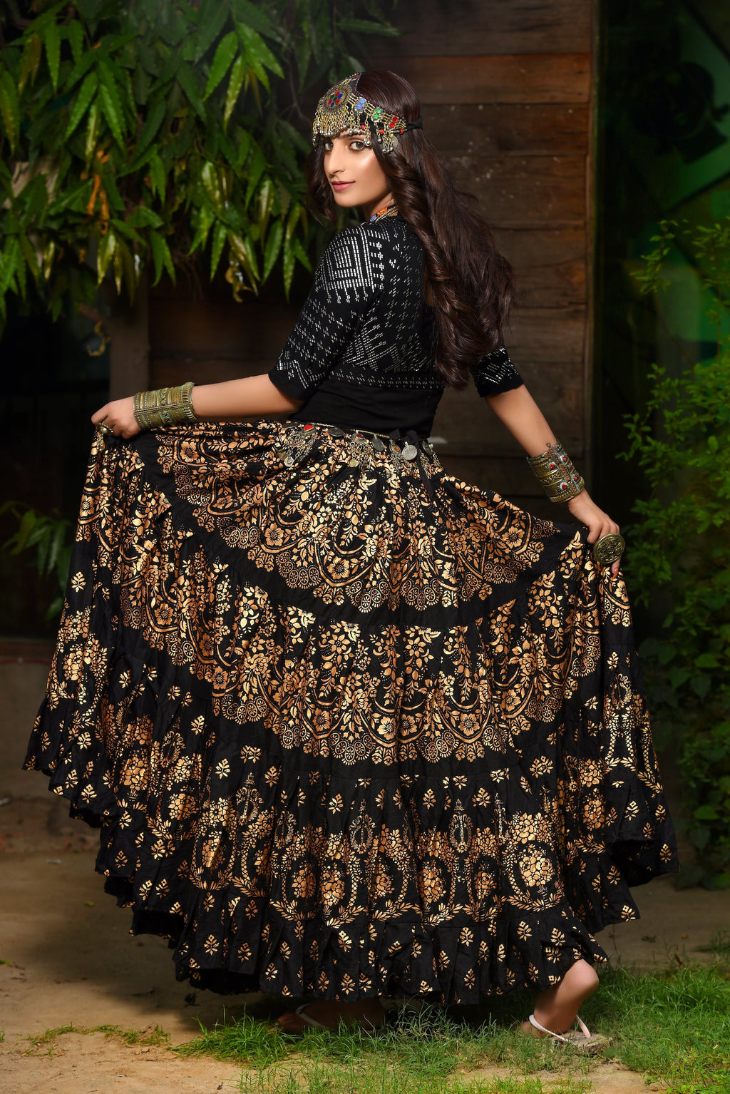 Block print Assuit pattern skirt Oriental Border Black/Gold WLS