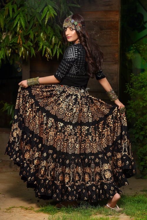 Block print Assuit pattern skirt Oriental Border Black/Gold WLS