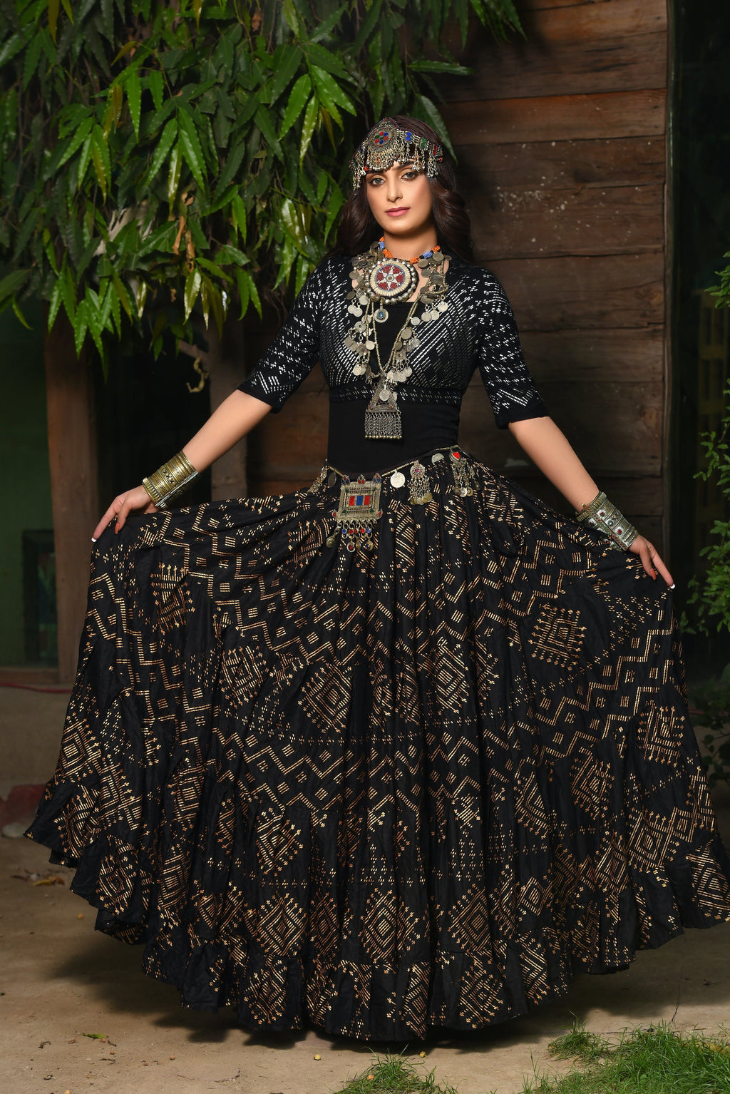 Block print skirt Faux Assuit Black Gold WLS