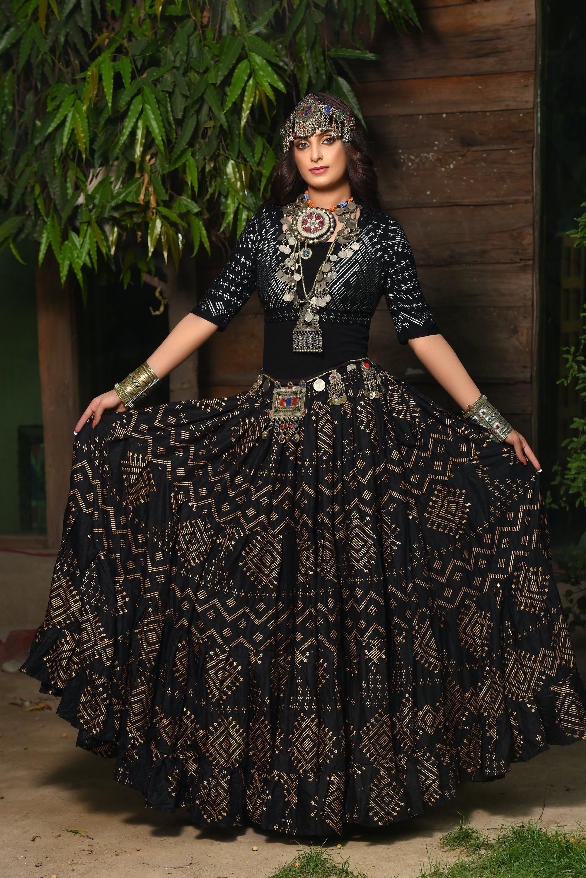 Block print skirt Faux Assuit Black Gold WLS