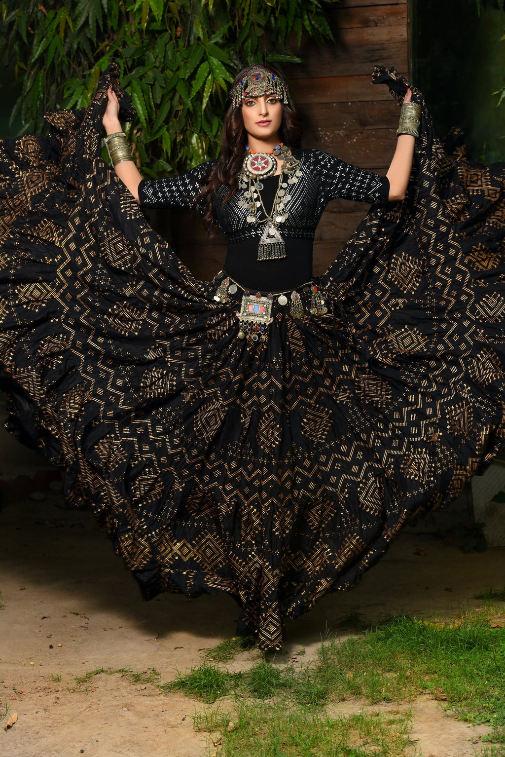 Block print skirt Faux Assuit Black Gold WLS