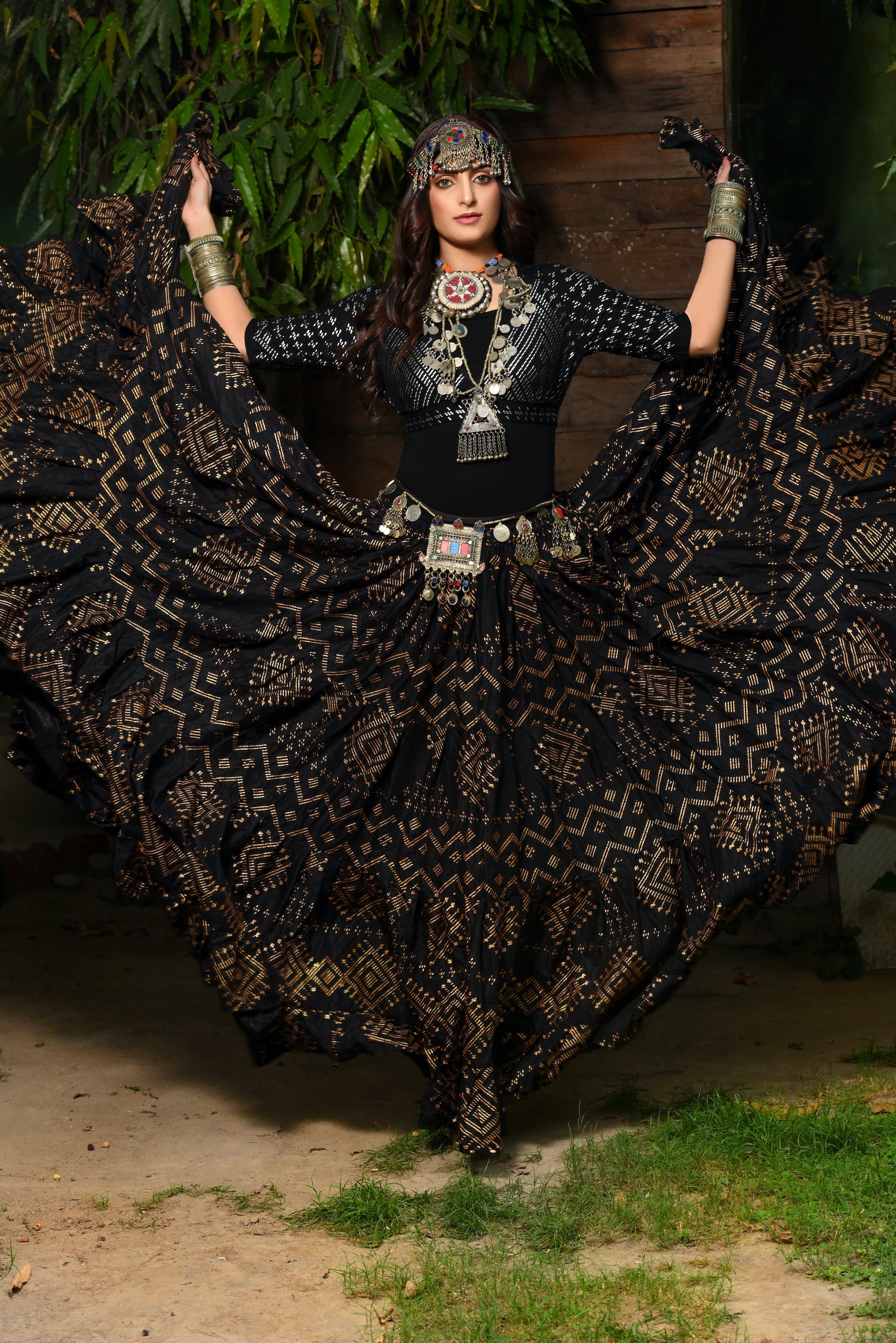 Block print skirt Faux Assuit Black Gold WLS