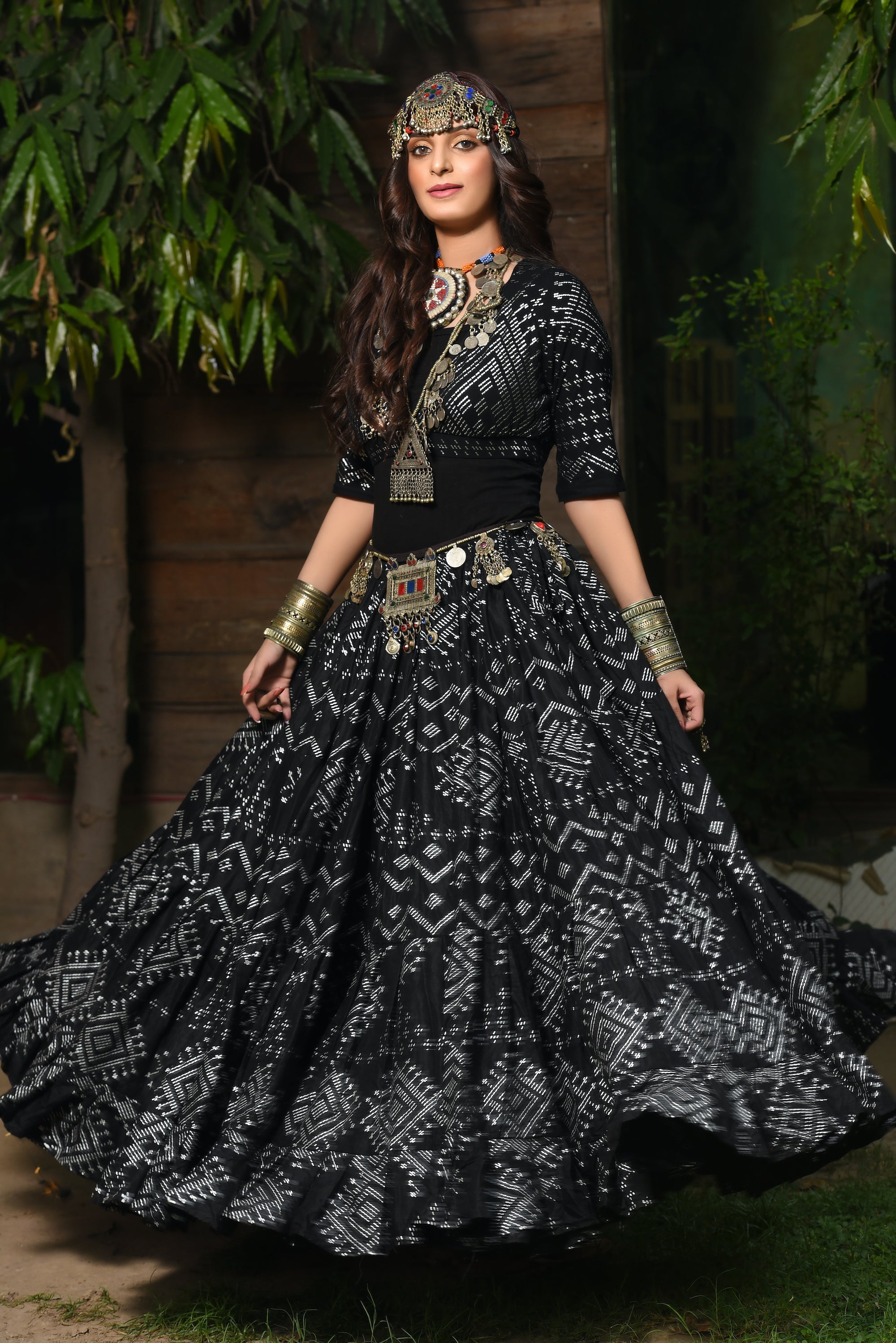 Block print skirt Faux Assuit Black Silver WLS
