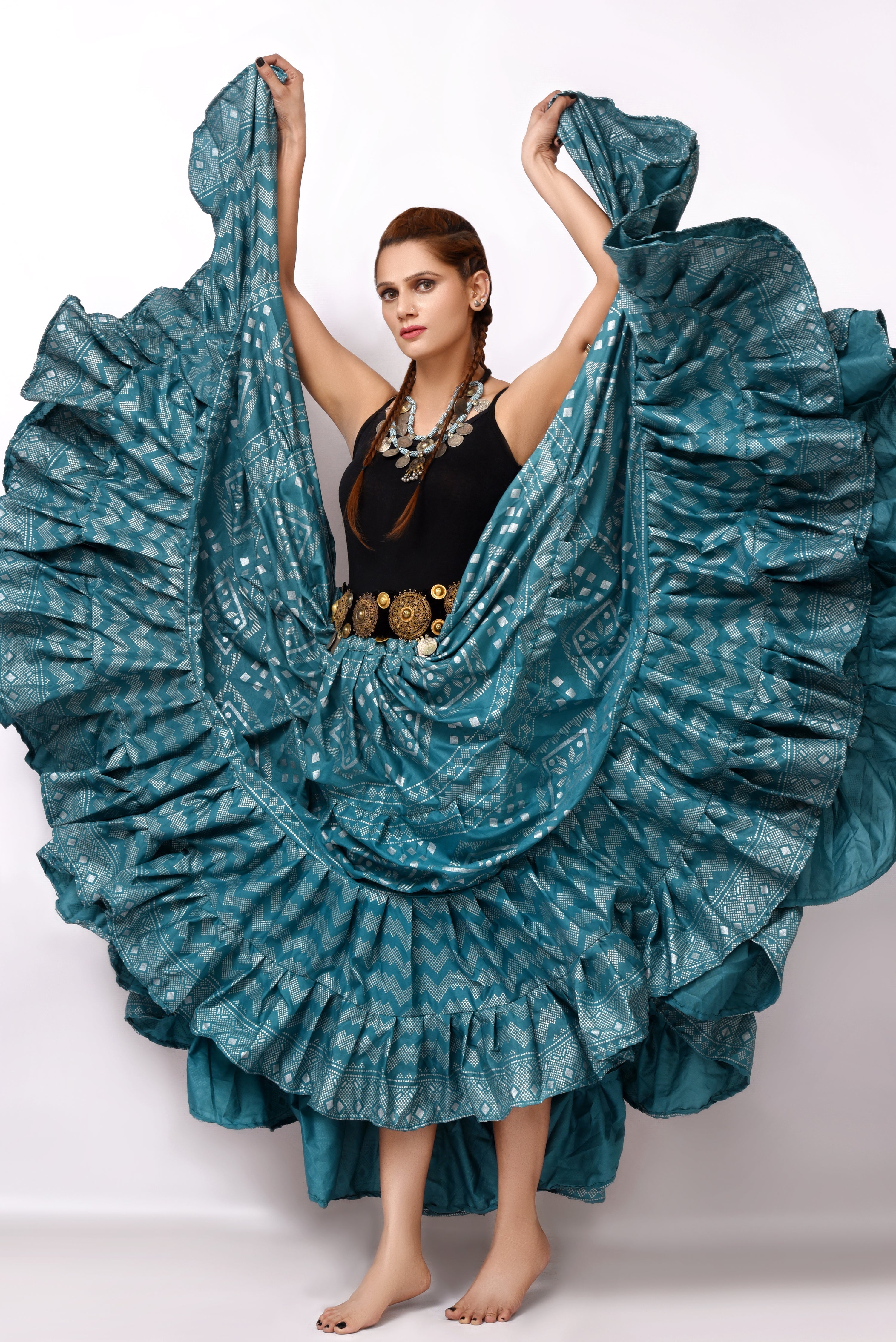 Block print Assuit pattern skirt teal/silver WLS
