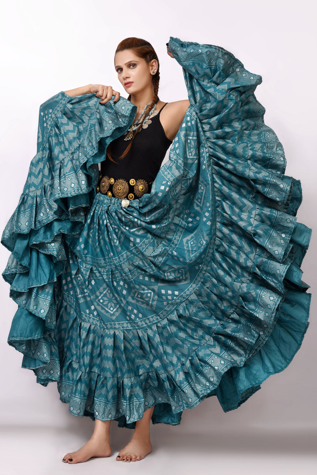 Block print Assuit pattern skirt teal/silver WLS