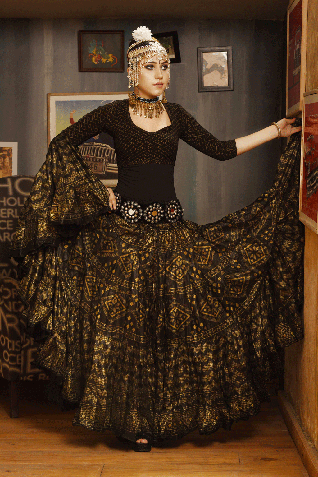 Block print Assuit pattern skirt Black/Gold Design #2 WLS