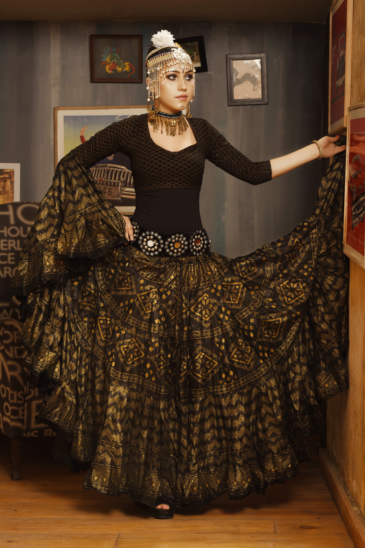 Block print Assuit pattern skirt Black/Gold Design #2 WLS