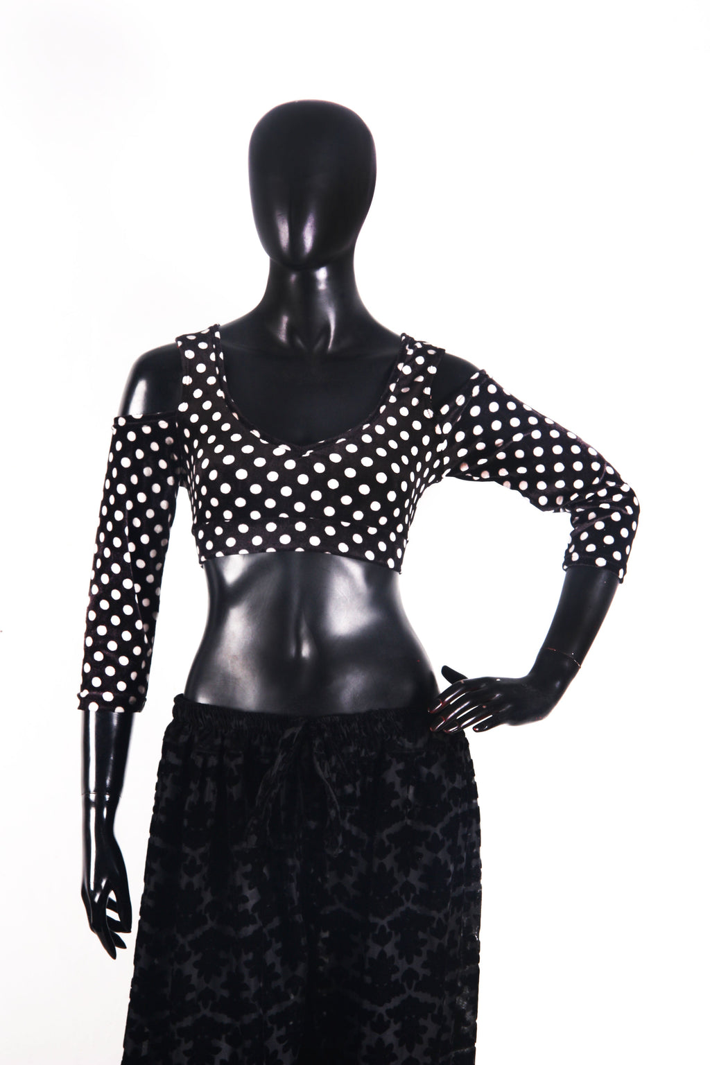 Drop shoulder Velvet Choli Black/white polka dot WS