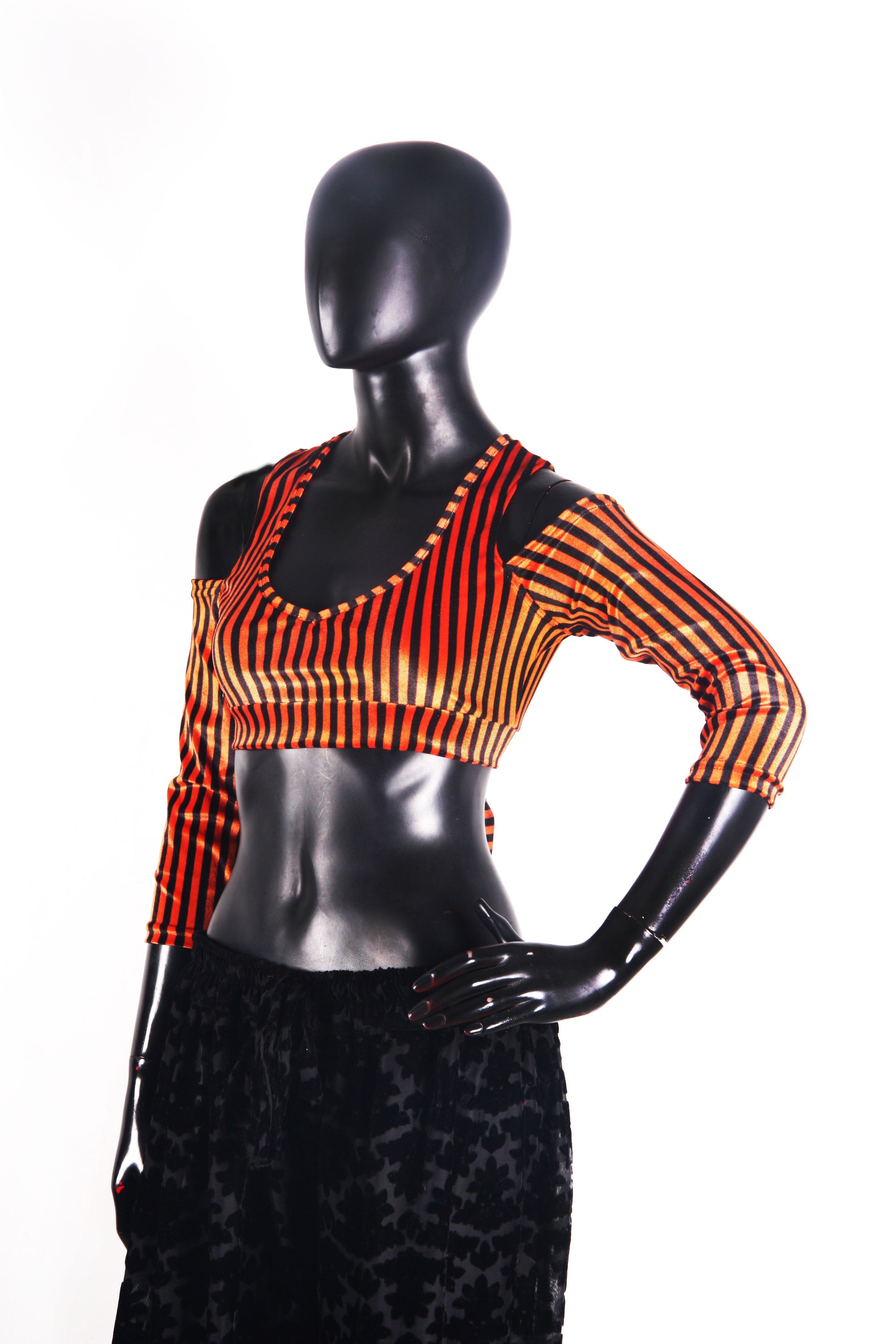 Drop shoulder Velvet Choli Black/orange stripe