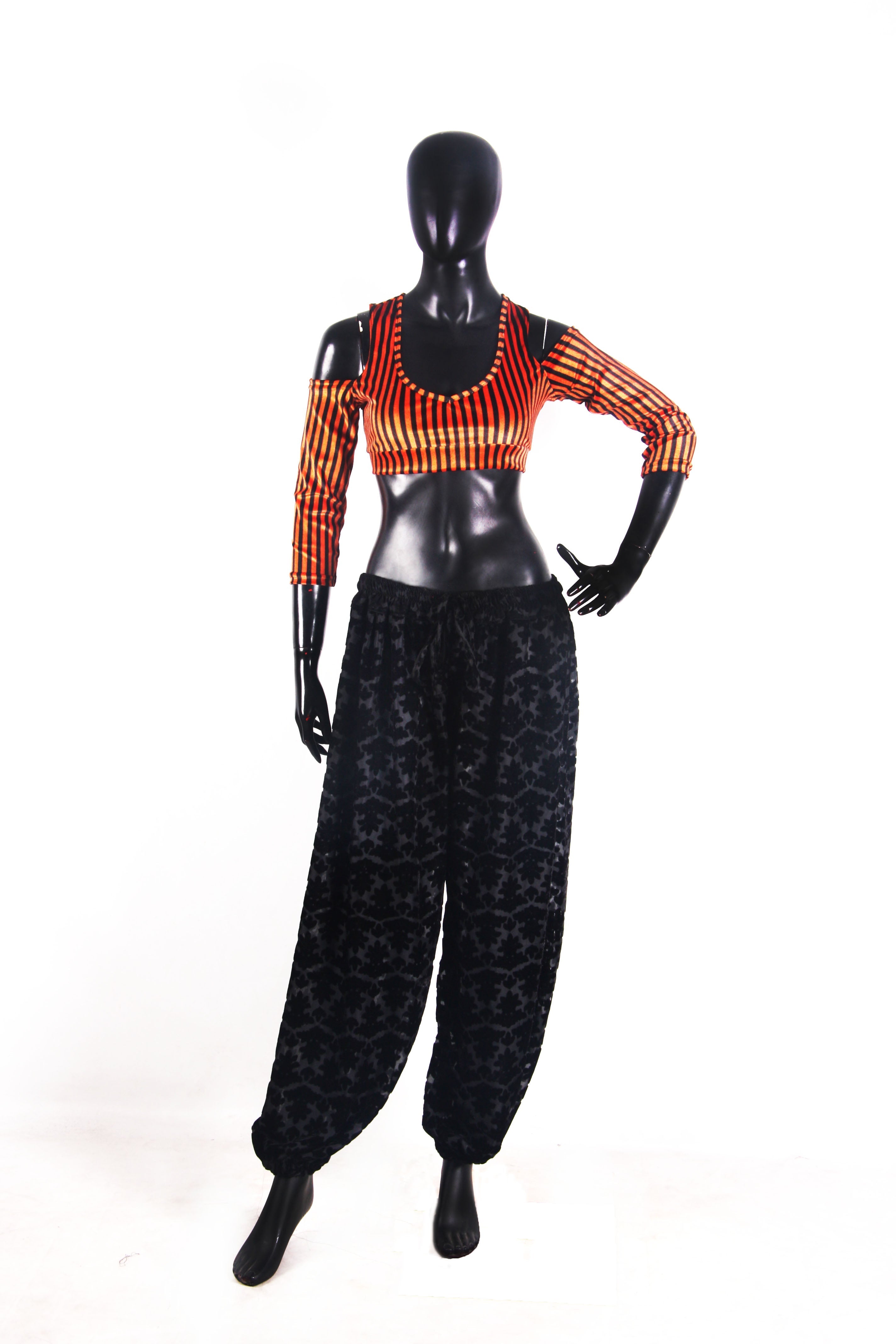 Drop shoulder Velvet Choli Black/orange stripe WS