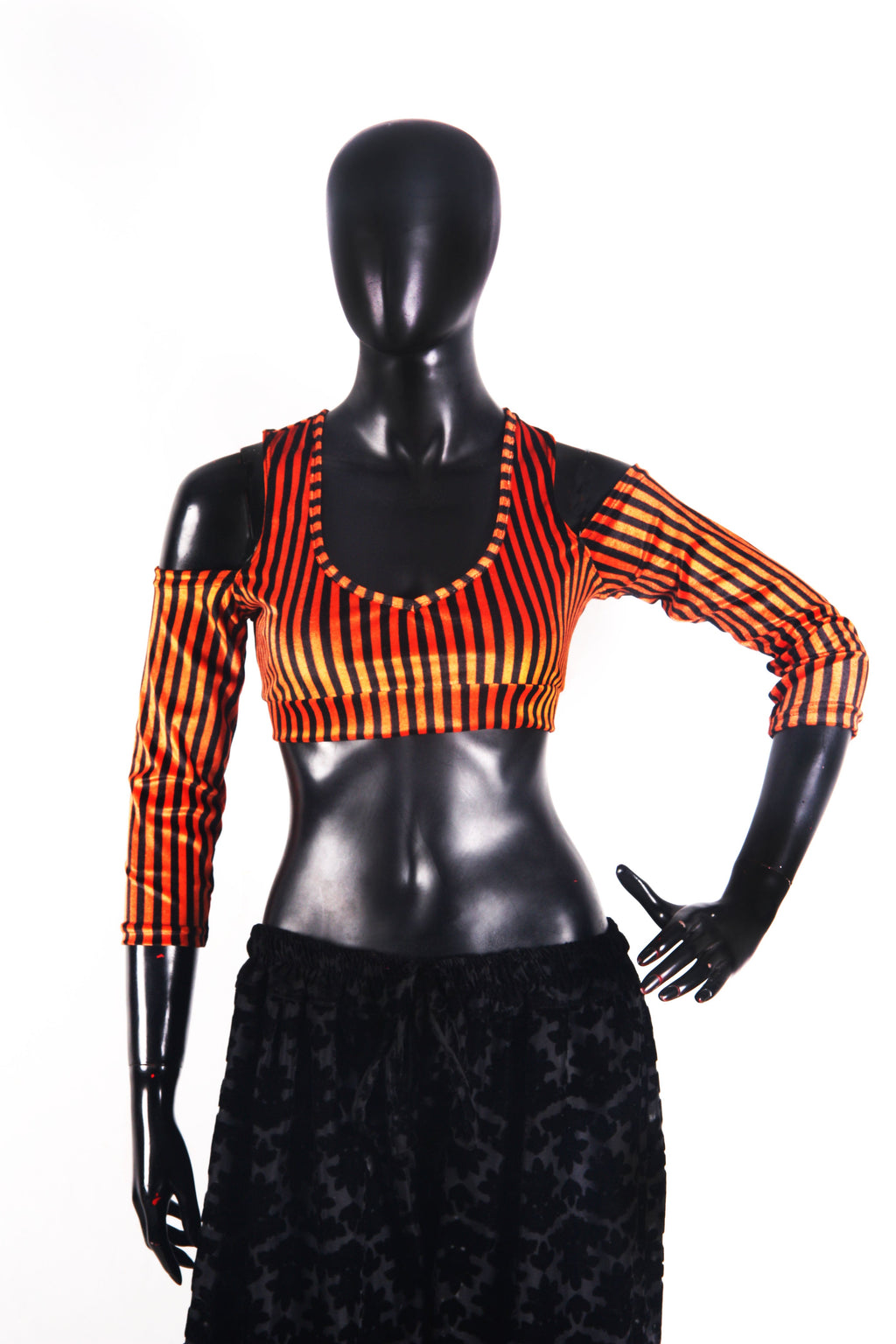Drop shoulder Velvet Choli Black/orange stripe