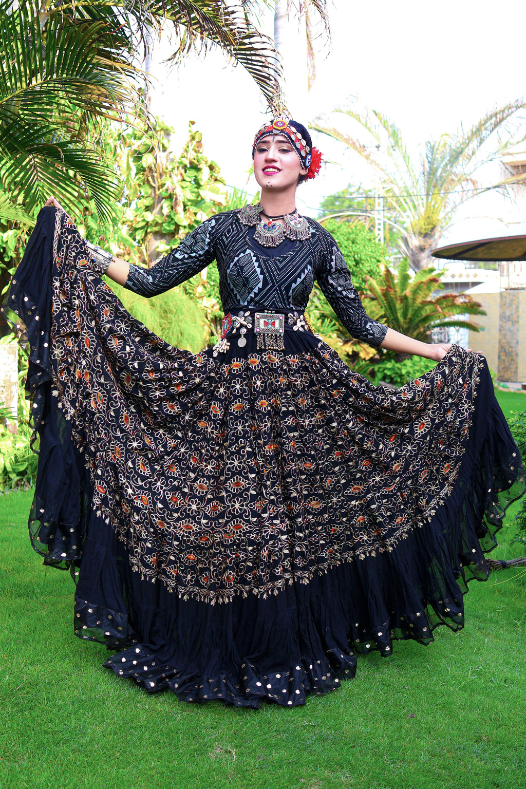 Black embroidery skirt with gold bindi border WLS