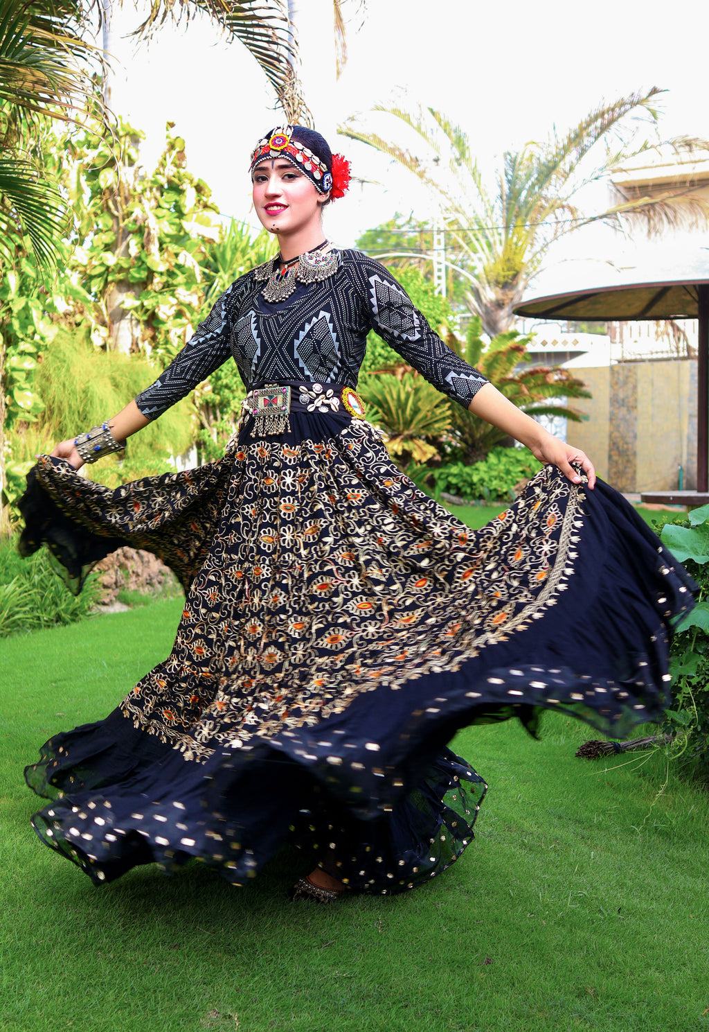Black embroidery skirt with gold bindi border