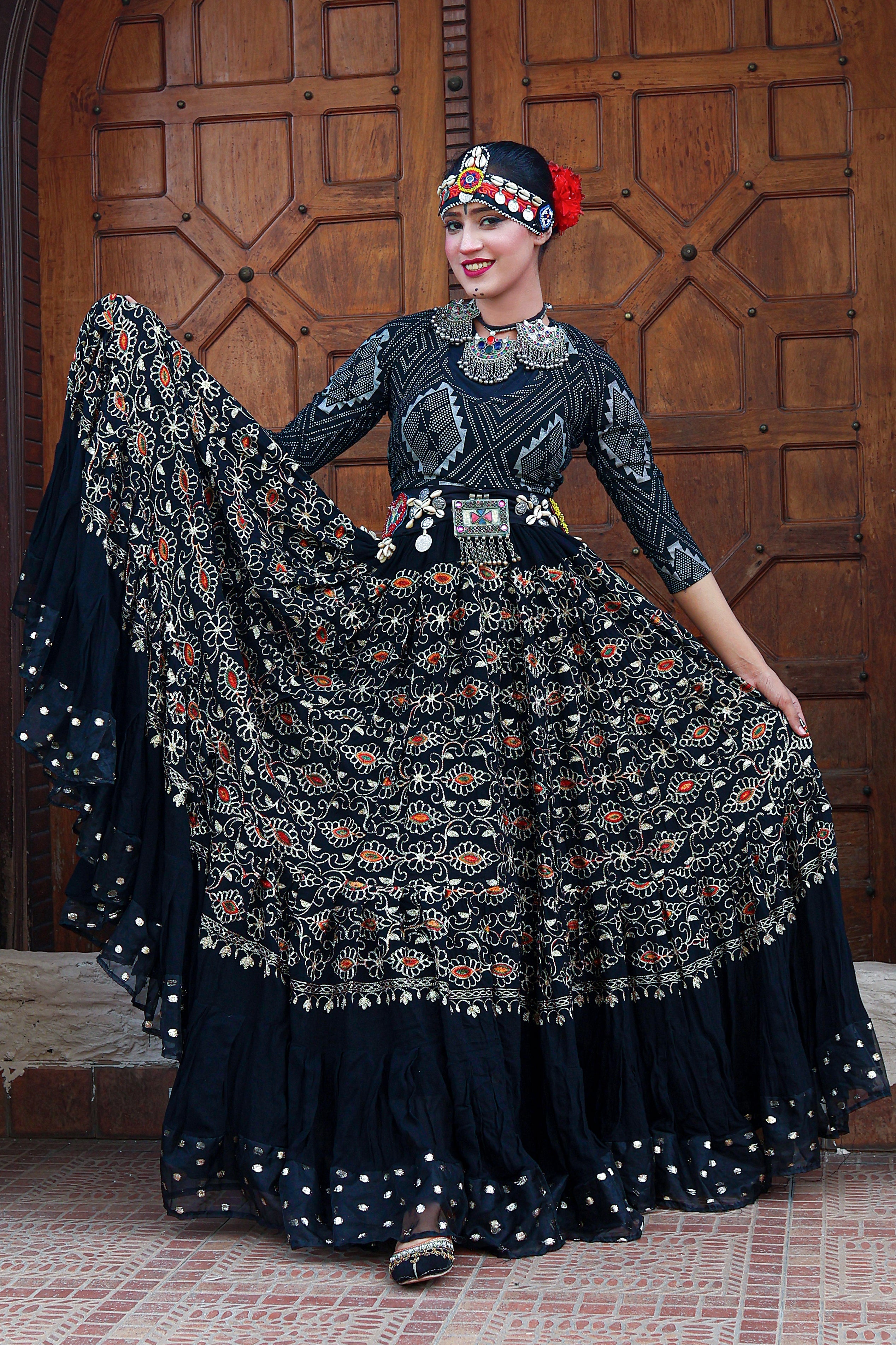 Black embroidery skirt with gold bindi border