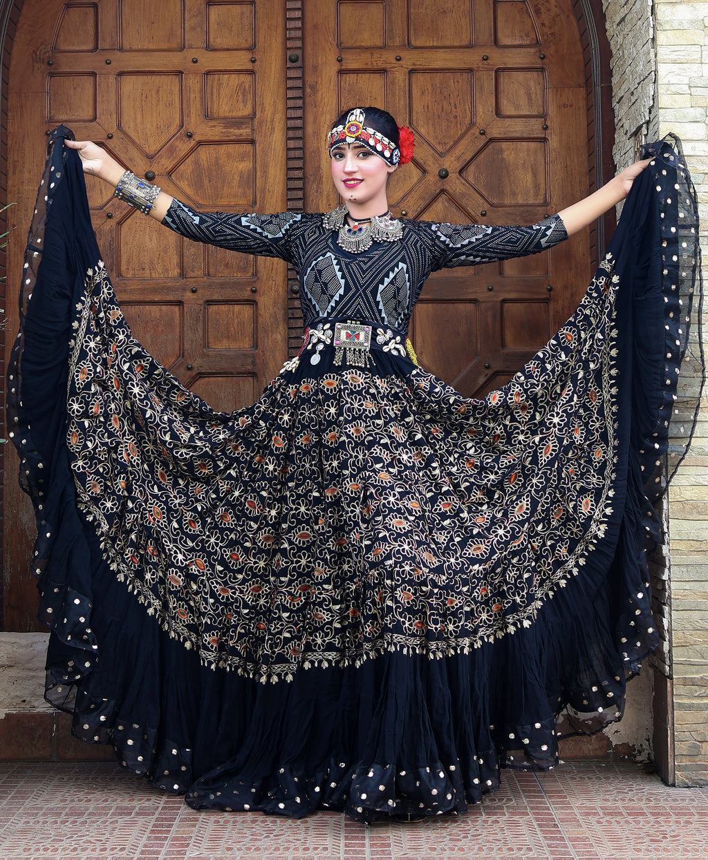 Black embroidery skirt with gold bindi border WLS