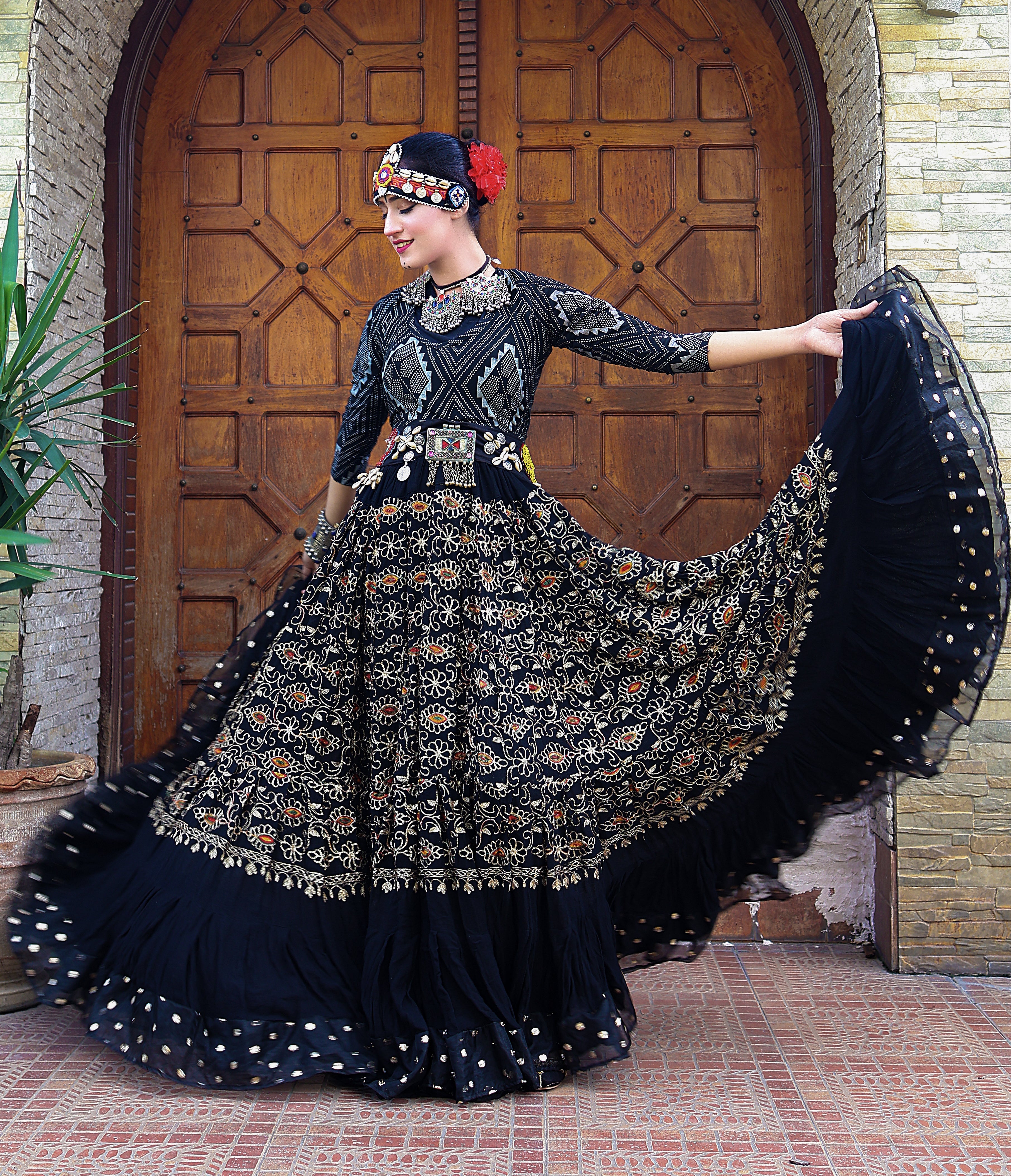 Black embroidery skirt with gold bindi border