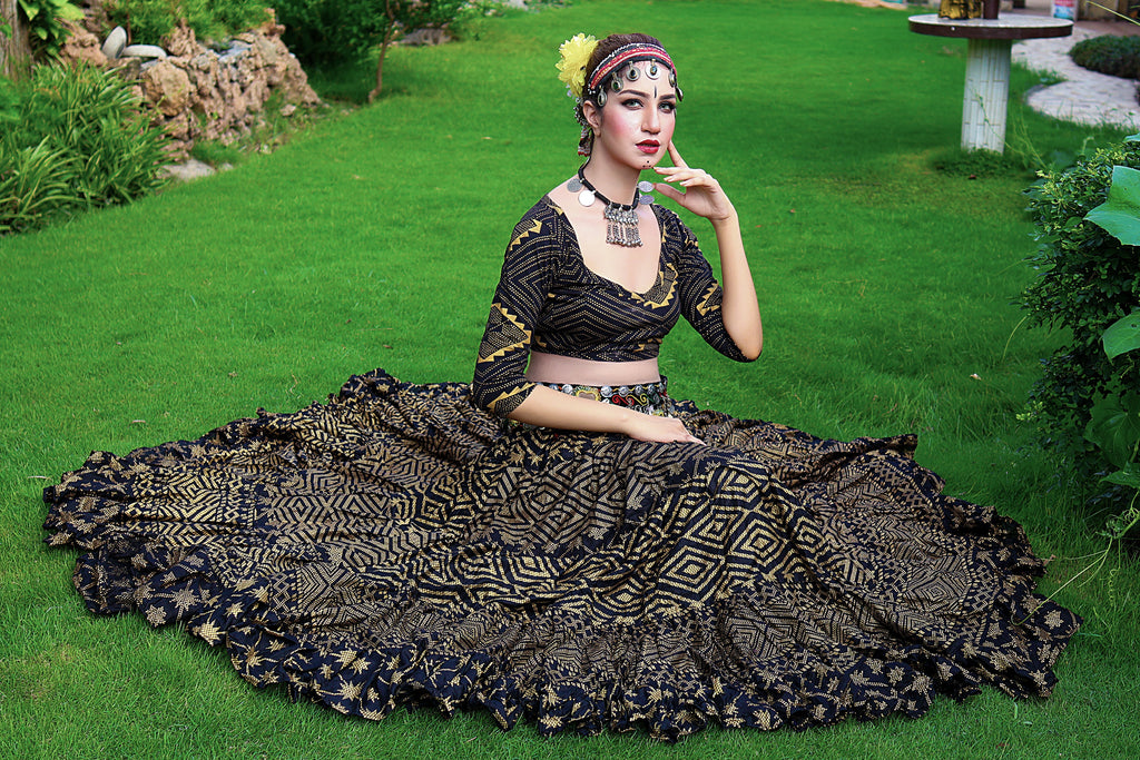 Tribal Block print Assuit pattern skirt black/gold Design#5 WLS