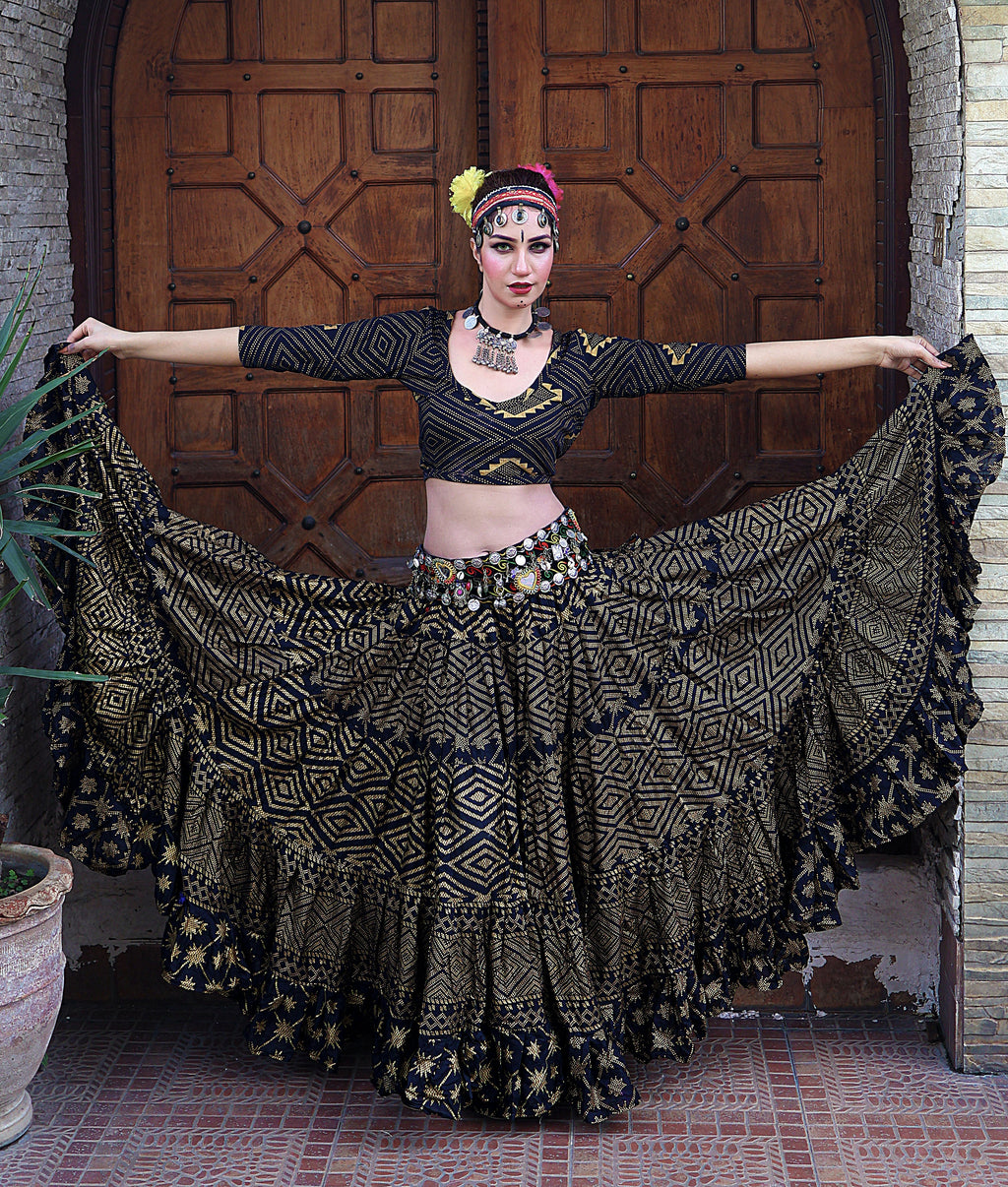 Tribal Block print Assuit pattern skirt black/gold Design#5