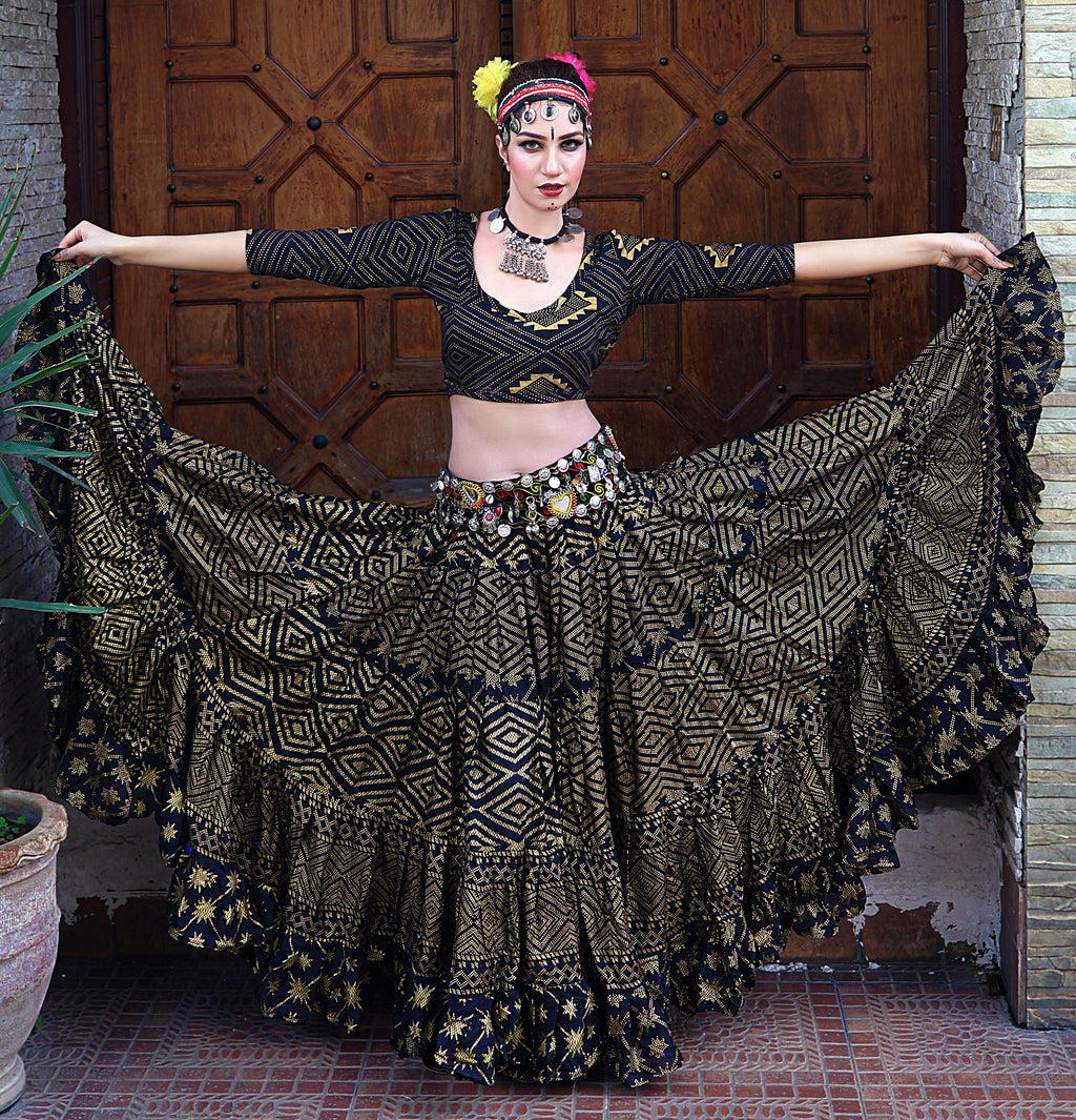 Tribal Block print Assuit pattern skirt black/gold Design#5 WLS