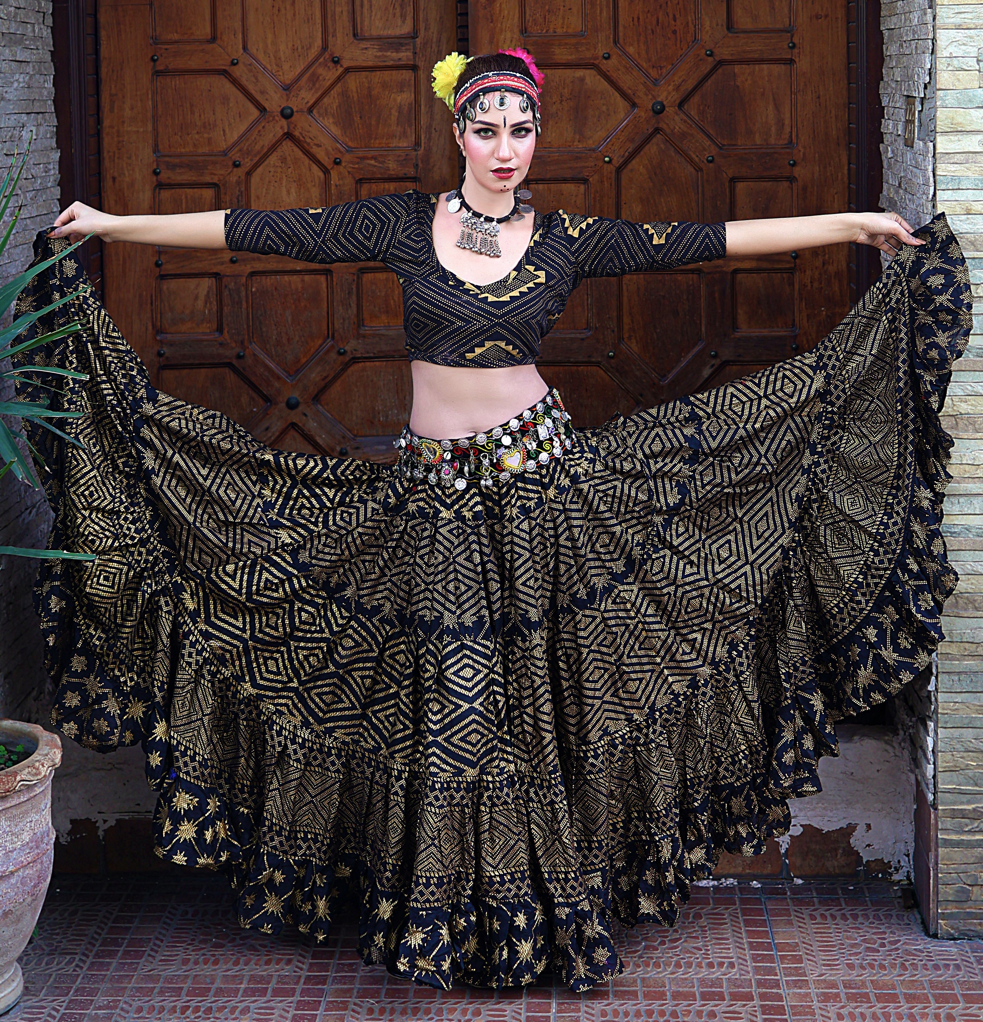 Tribal Block print Assuit pattern skirt black/gold Design#5 WLS