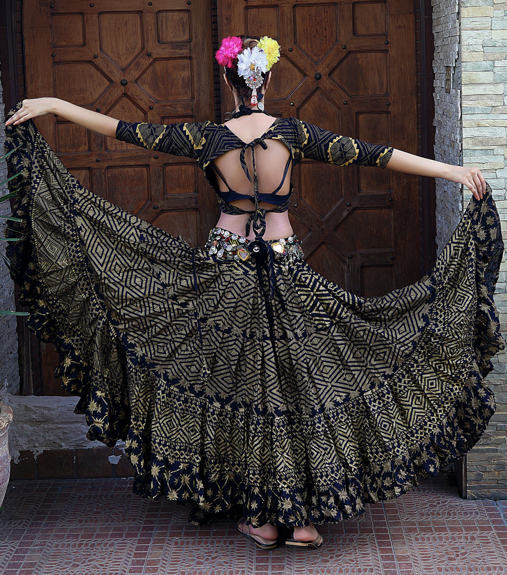 Tribal Block print Assuit pattern skirt black/gold Design#5